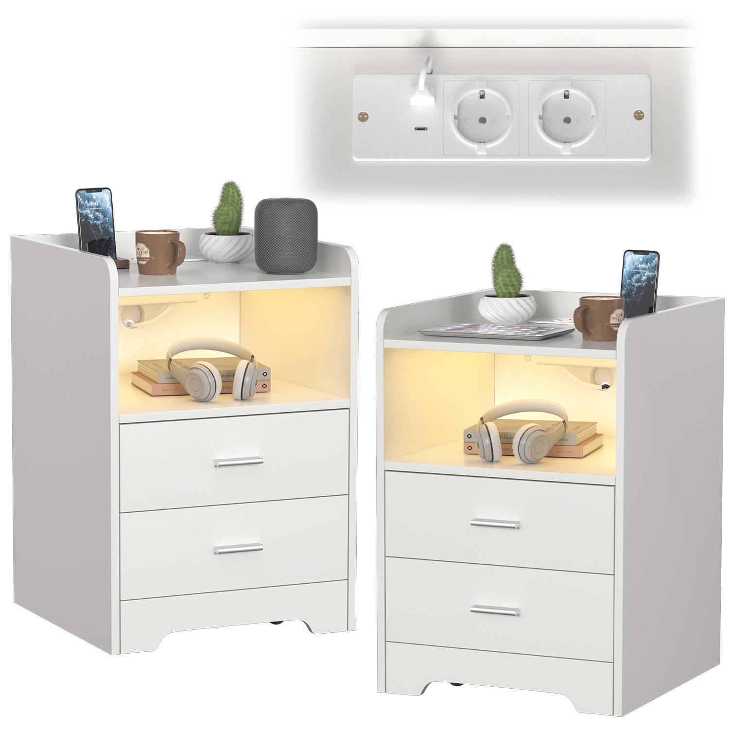 Nachttisch Sofatisch mit LED-Beleuchtung, Nachtschrank mit Ladestation Weiß 2pcs<br>(2-St), 2 Schubladen für Schlafzimmer, Wohnzimmer Weiß