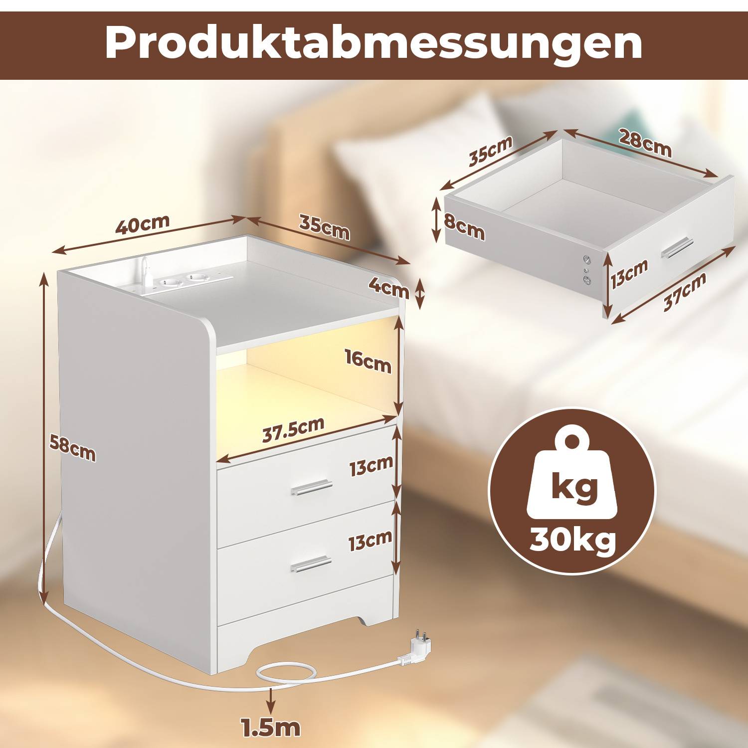 Nachttisch Sofatisch mit LED-Beleuchtung, Nachtschrank mit Ladestation Weiß<br>(1-St), 2 Schubladen für Schlafzimmer, Wohnzimmer Weiß