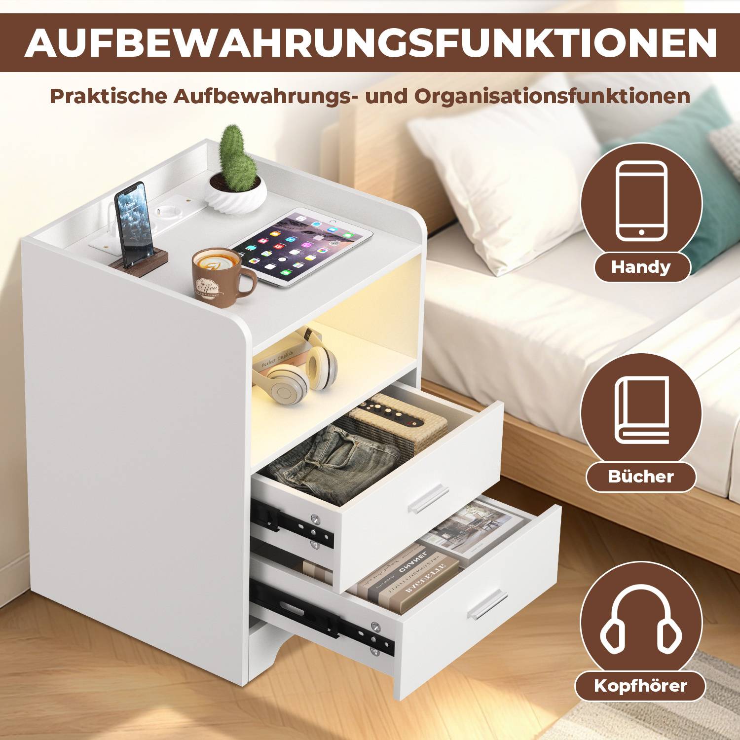 Nachttisch Sofatisch mit LED-Beleuchtung, Nachtschrank mit Ladestation Weiß<br>(1-St), 2 Schubladen für Schlafzimmer, Wohnzimmer Weiß
