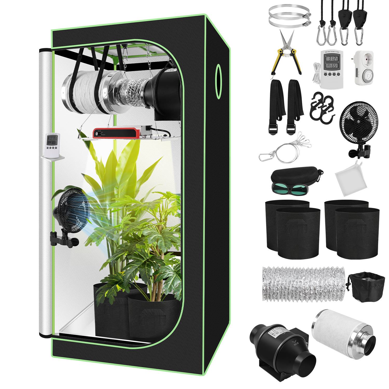Growbox Komplettset,Indoor Gewächshaus mit 200W LED Vollspektrum Dimmbar, Carbon-Filter, Ventilator, Anzuchtzelt, Zuchtzelt,80x80x160