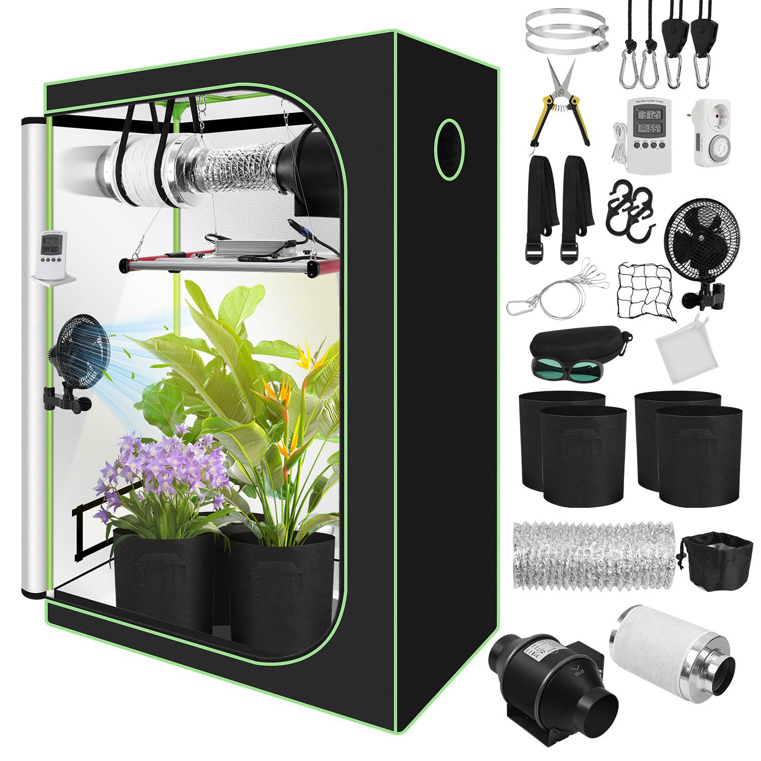 Growbox Komplettset,Indoor Gewächshaus mit 240W LED Vollspektrum Dimmbar, Carbon-Filter, Ventilator, Anzuchtzelt, Zuchtzelt,120x60x180