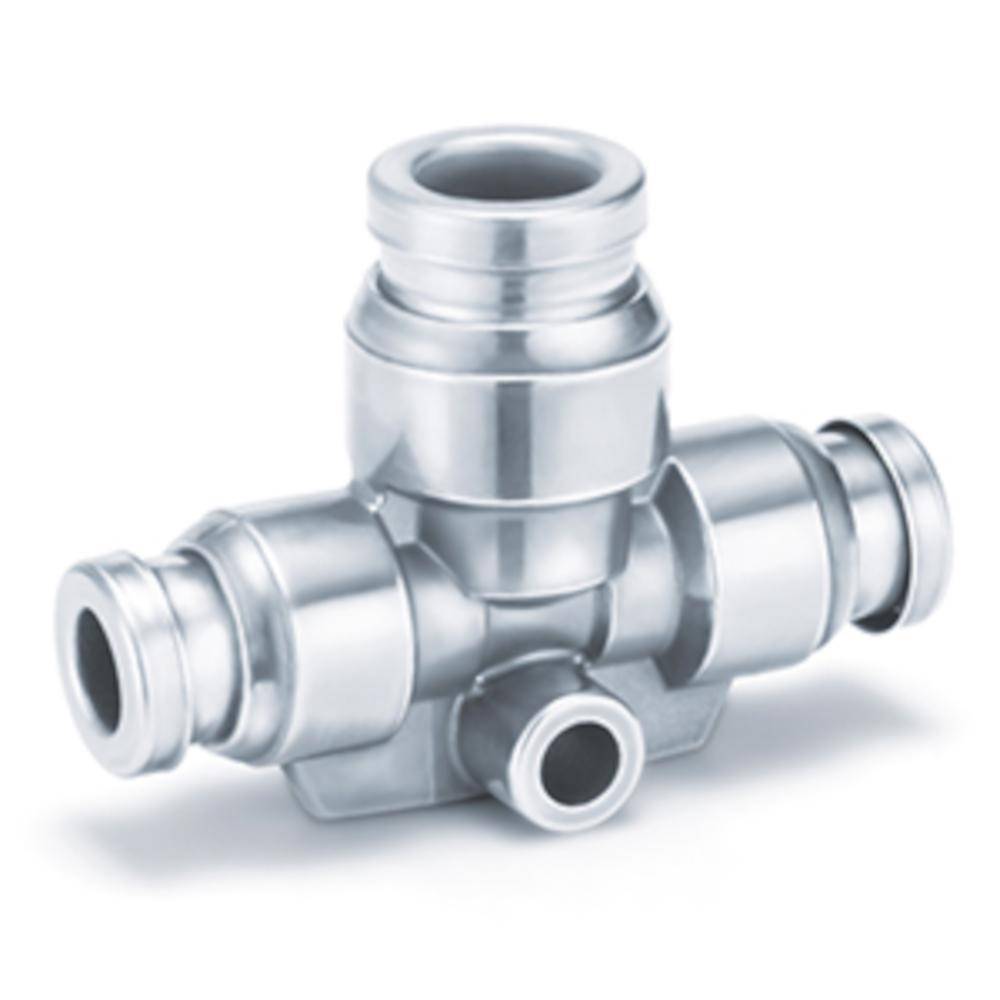 SMC T-Steckverbindung mit Reduktion KQB2T04-06-F - Messing/Edelstahl - FDA-konform - Schlauch-Außen-Ø 4 auf 6 mm - Preis per Stück