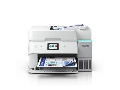 Ein weißer Epson-Drucker mit LCD-Bildschirm druckt Dokumente und zeigt dabei seine Funktion und Technologie.