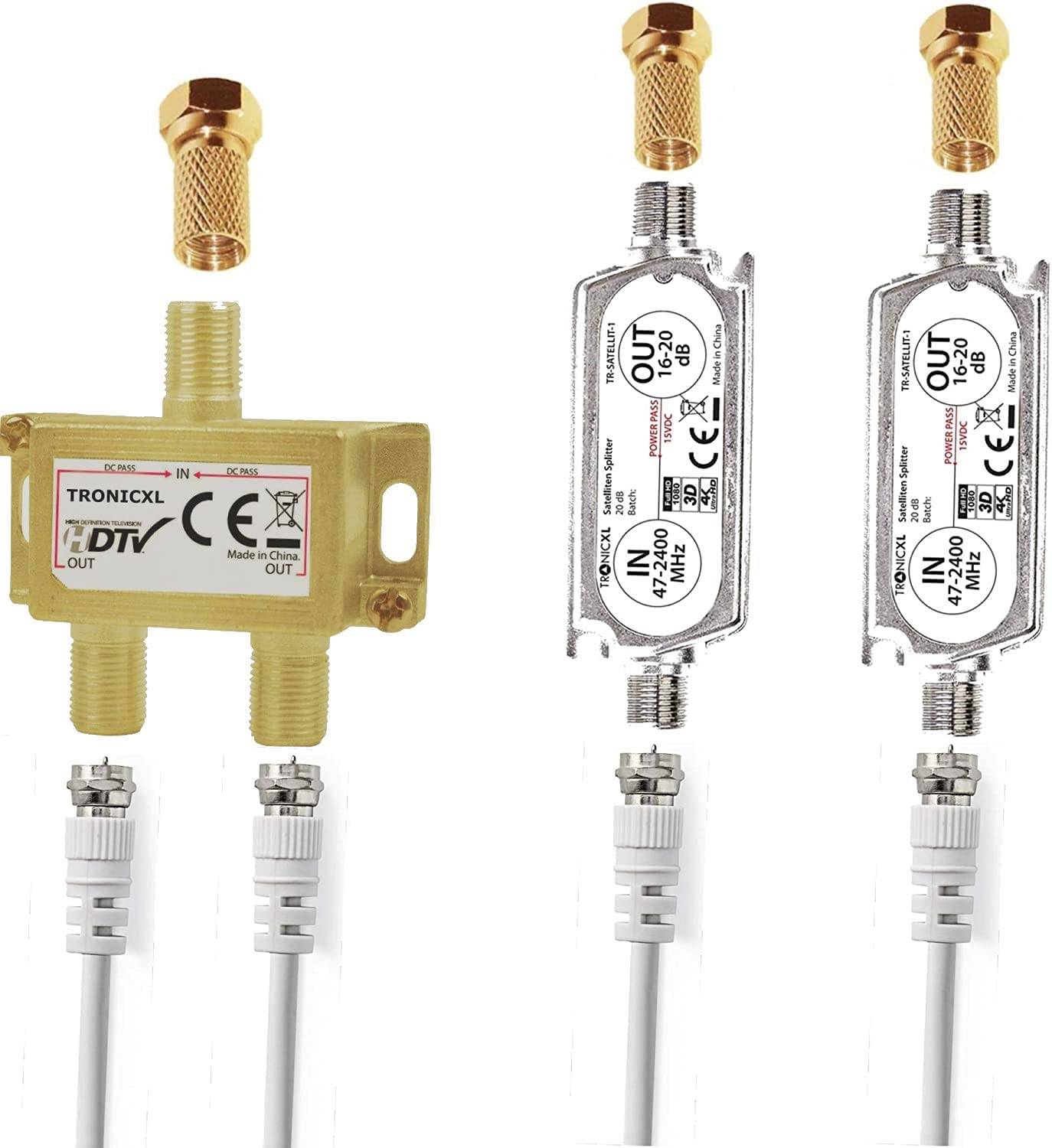 2-Fach Antennenverteiler Splitter mit 40dB (2 x 20dB) Sat Verstärker digital HD Satellit TV