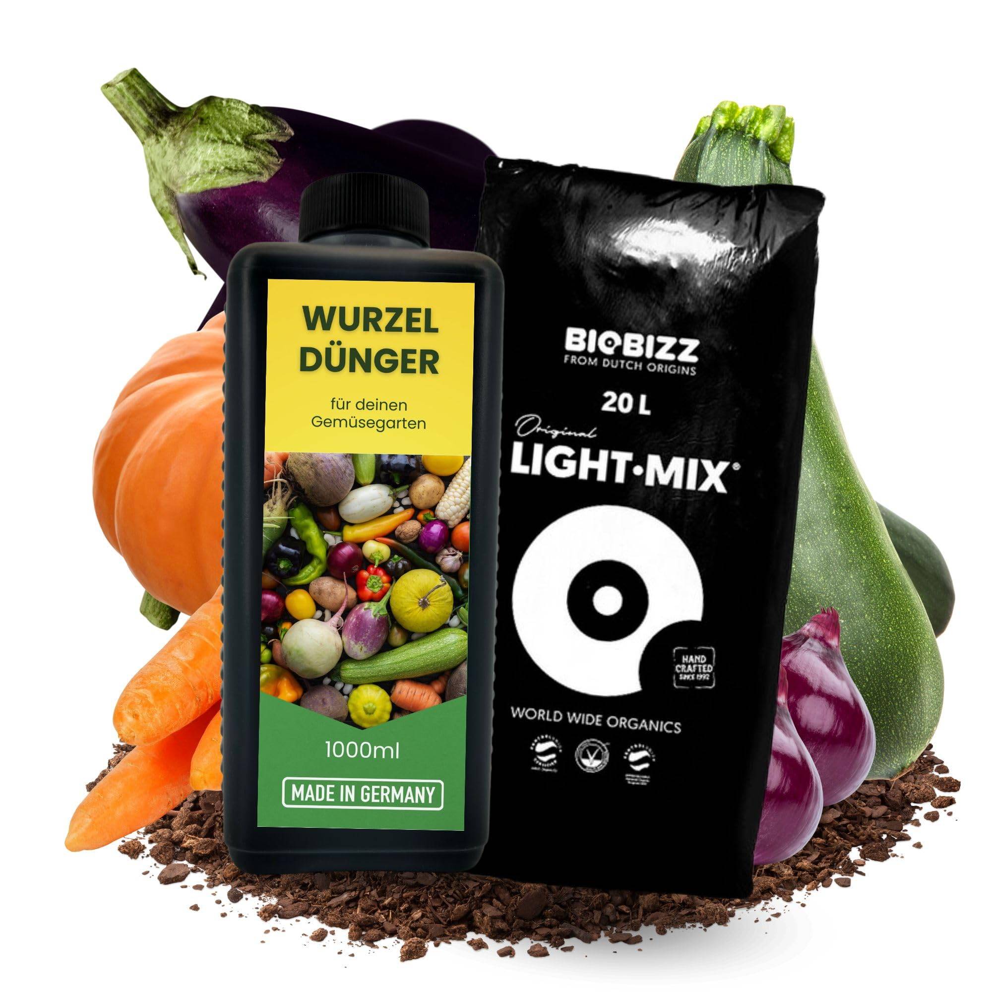 1L Gemüsedünger Konzentrat + 20 Liter Erde Wurzeldünger Wurzelgemüse Wurzel Gemüse Dünger flüssig Flüssigdünger Wachstum Wurzelgemüsedünger