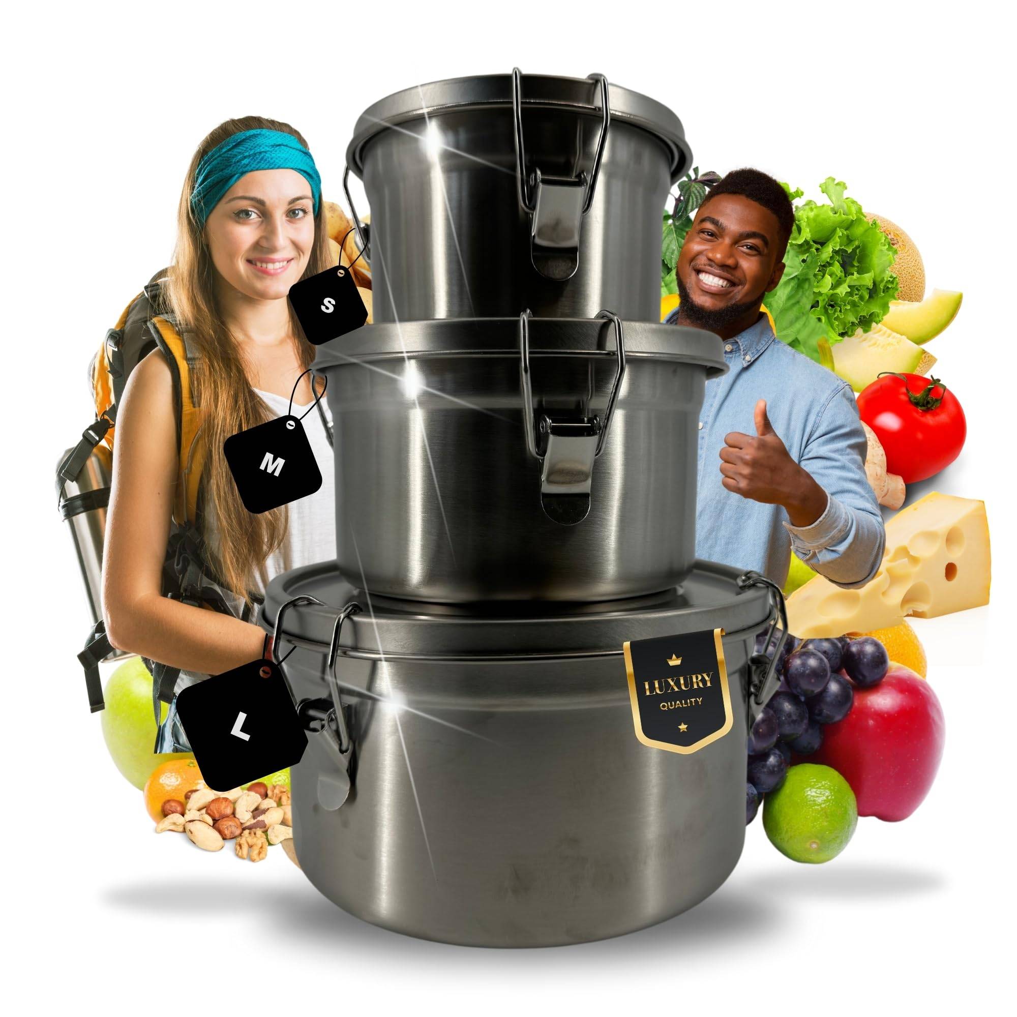 3 x Premium Lunchbox Edelstahl Behälter Mit Deckel für Camping Küche Brotdose Gemüse Fleisch Käse Dichtung auslaufsicher Frischhaltedose Metall D