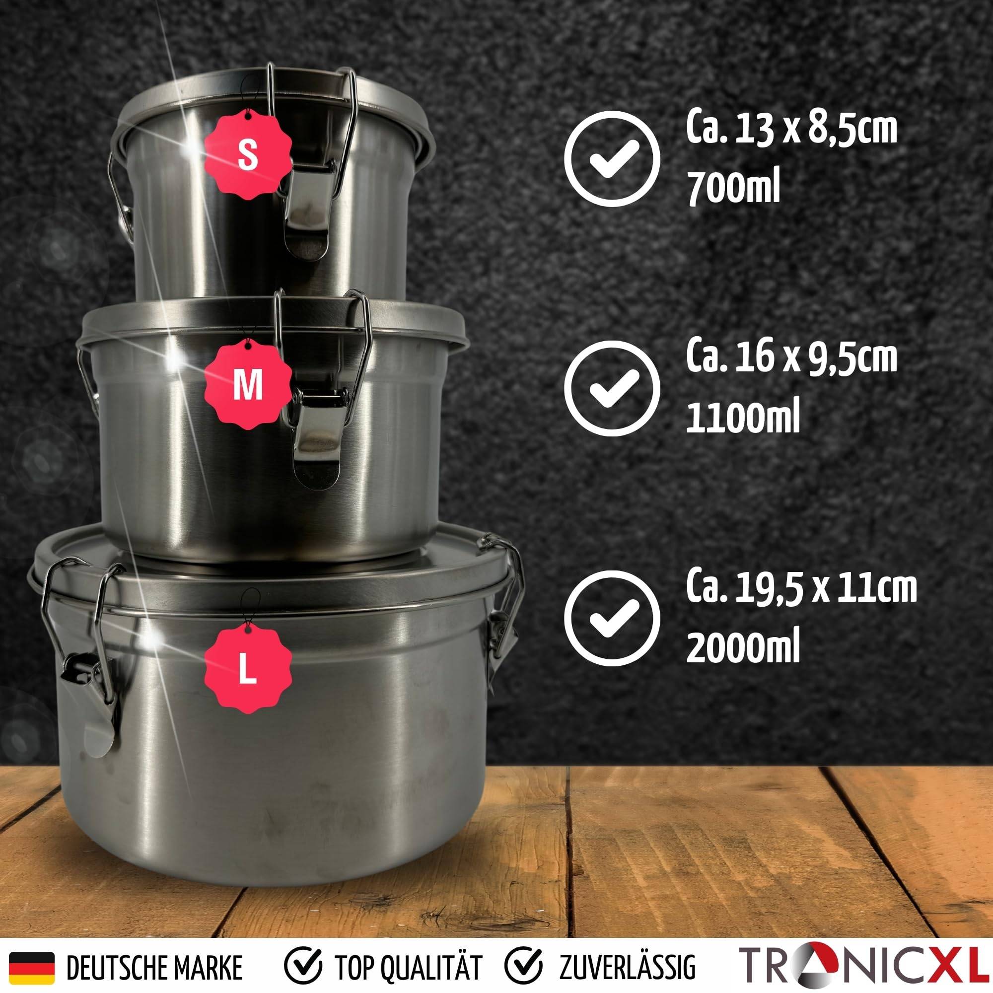 3 x Premium Lunchbox Edelstahl Behälter Mit Deckel für Camping Küche Brotdose Gemüse Fleisch Käse Dichtung auslaufsicher Frischhaltedose Metall D