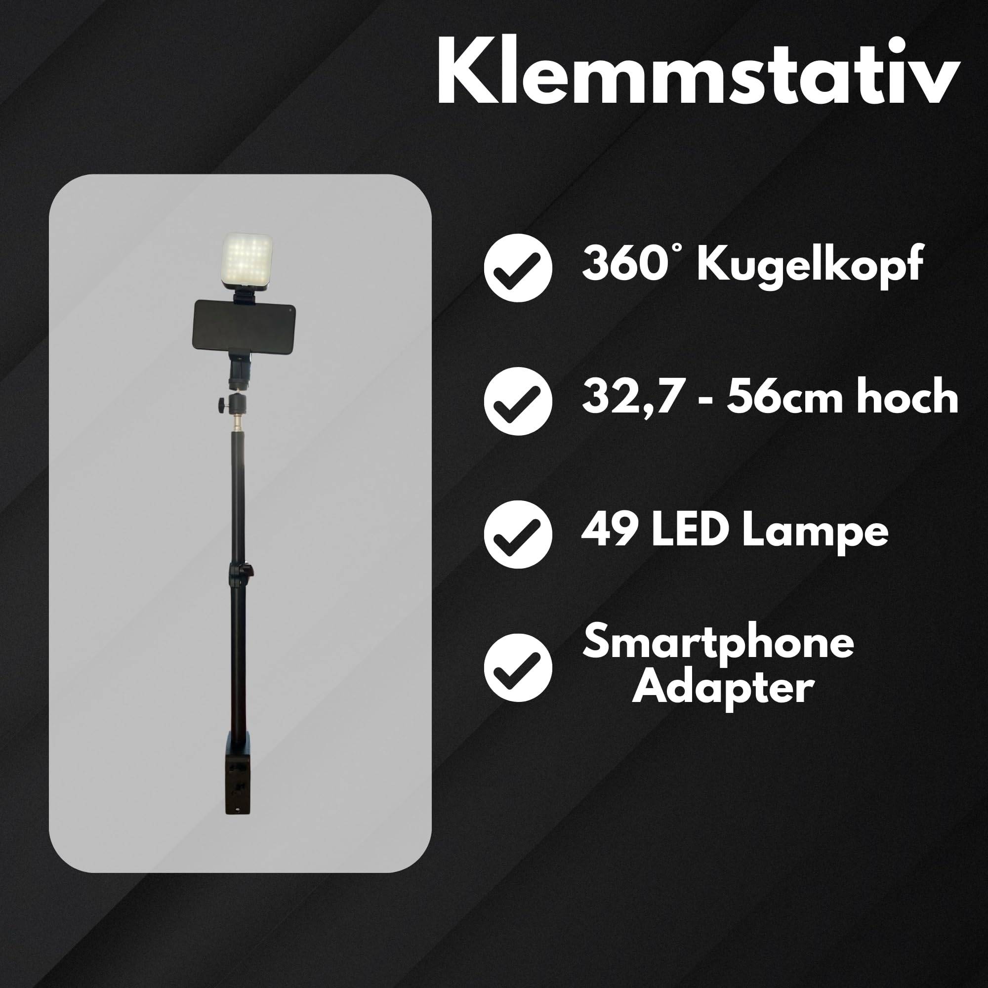 Smartphone Klemmstativ Tisch höhenverstellbar drehbar mit Licht LED Videolampe