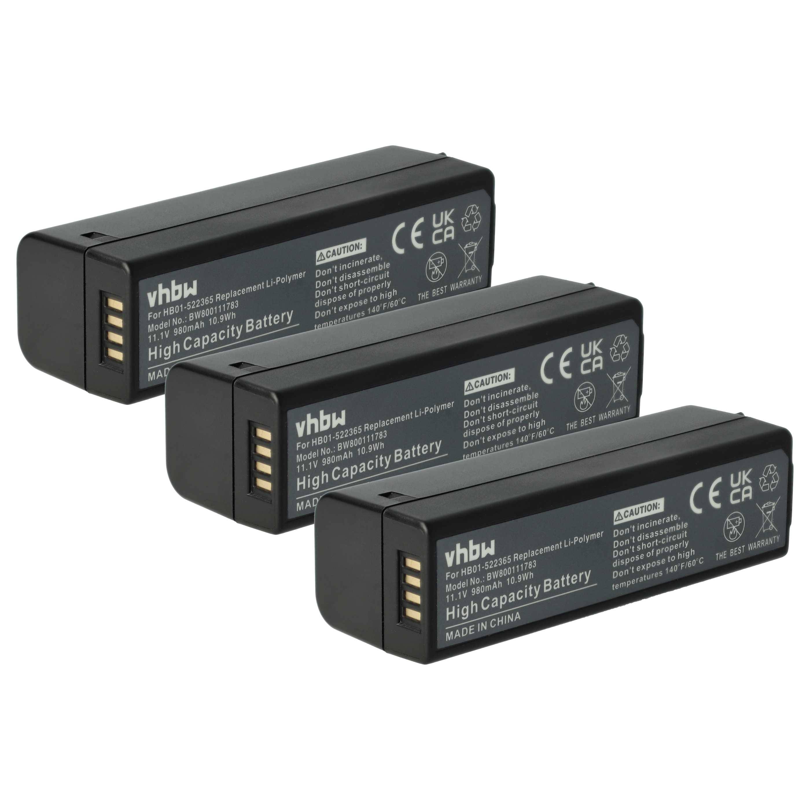 Drei schwarze hochkapazitative Batterien der Marke 'vhbw', entwickelt für Kameras, mit Sicherheitssymbolen und 'Made in China' Aufschrift auf jeder Batterie.