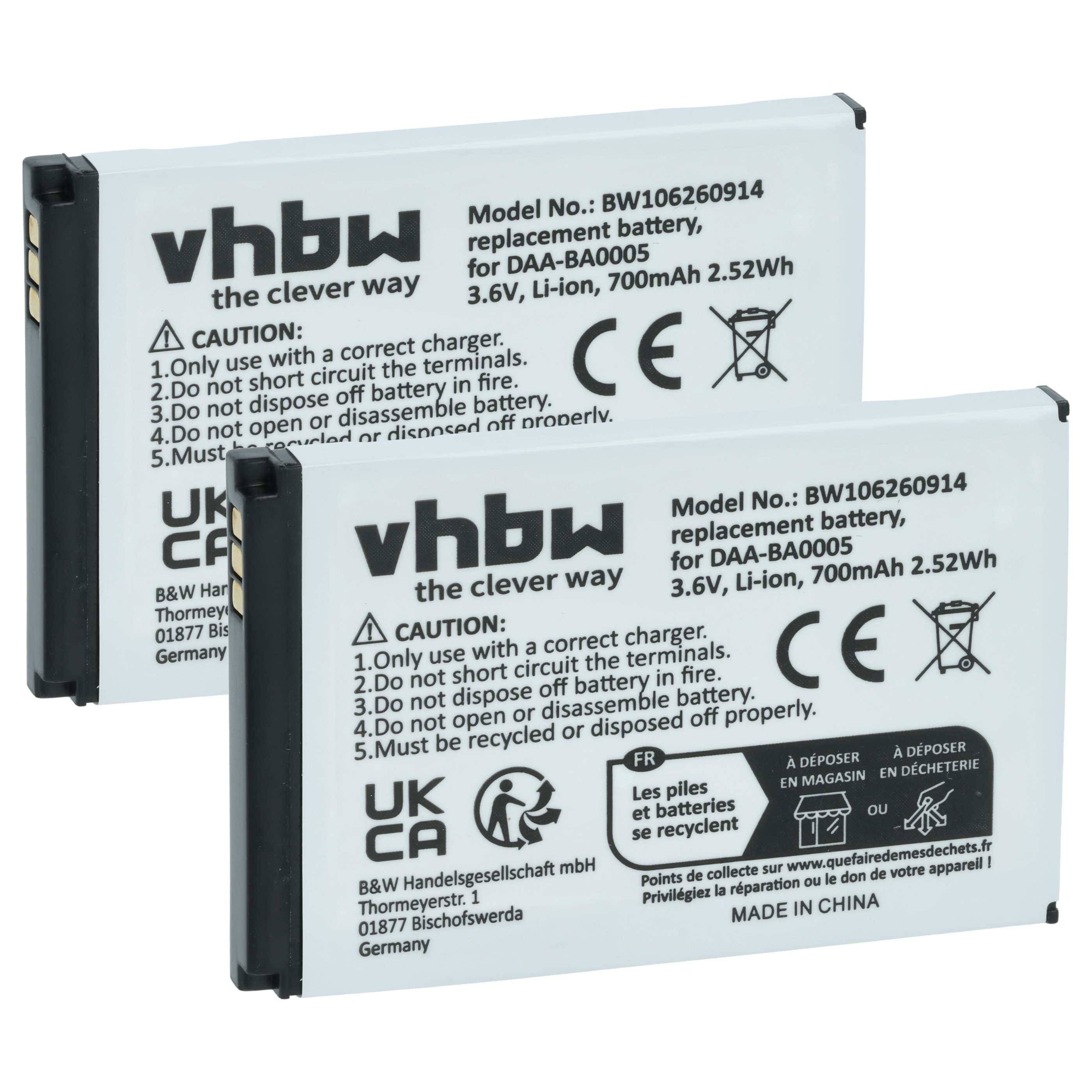 Zwei vhbw Ersatzakkus für DAA-BA0005, 3,6V, Li-Ion, 700mAh, 2,52Wh. Enthält Sicherheitswarnungen und Firmen-Kontaktdaten.