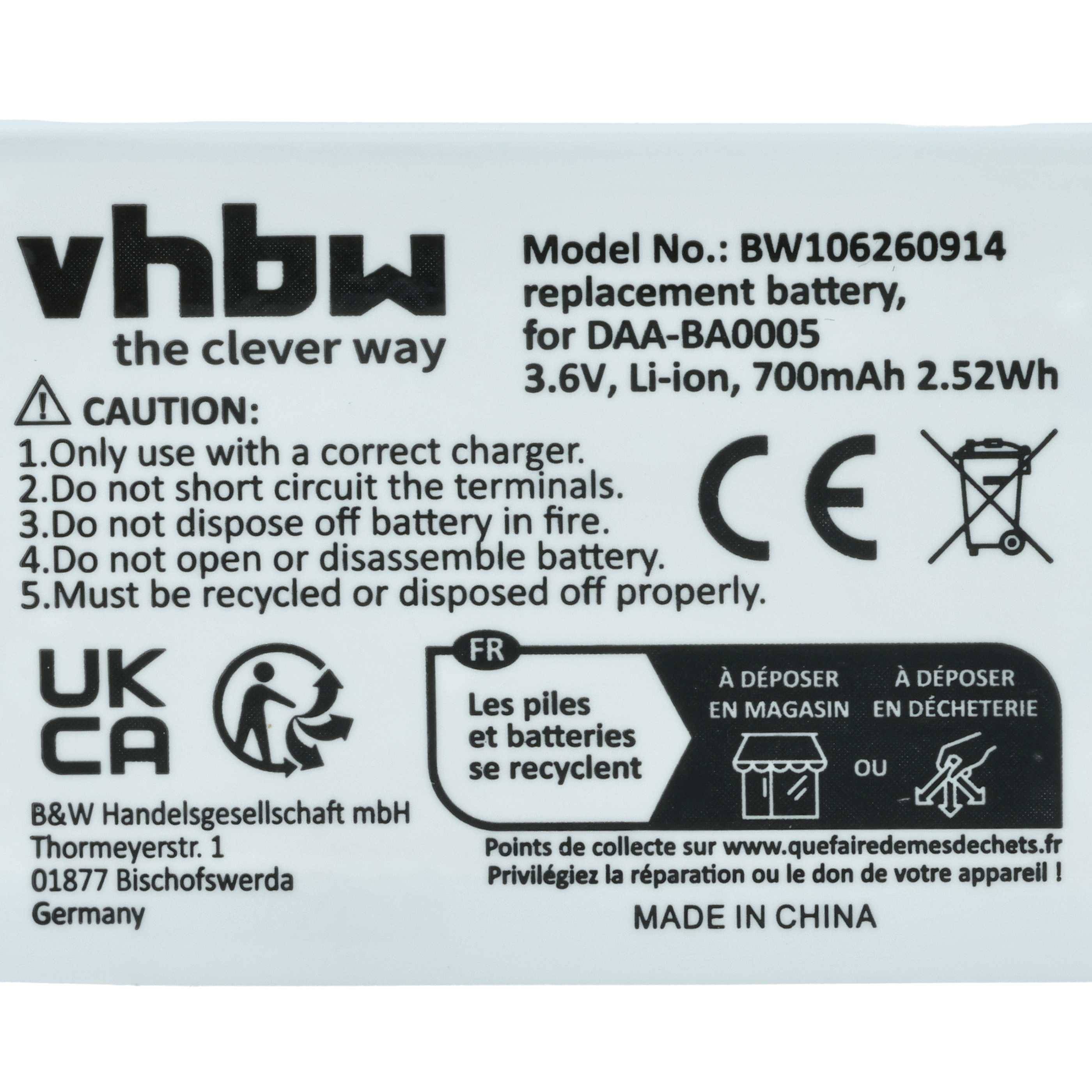 Ersatzbatterie-Etikett für Modell BW106260914, 3,6V, 700mAh, 2,52Wh. Warnhinweise: korrektes Ladegerät verwenden, Kurzschlüsse vermeiden, fachgerecht entsorgen. Hergestellt in China.