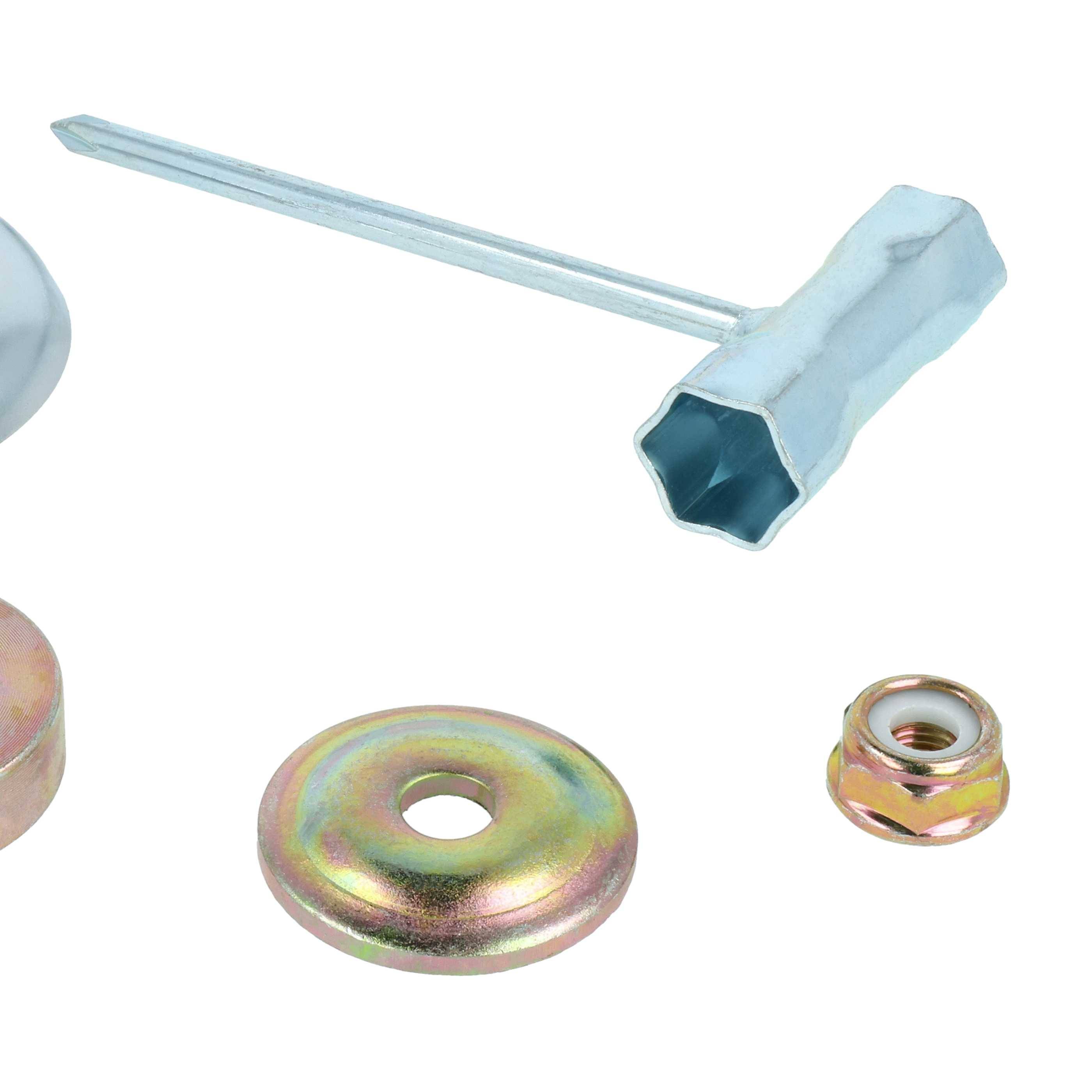Eine Reihe von Hardware-Artikeln, bestehend aus einer Metallstange, einer Flanschmutter, einer Unterlegscheibe und einem Hohlsechskantschlüssel mit langem Griff, auf weißem Hintergrund ausgelegt.