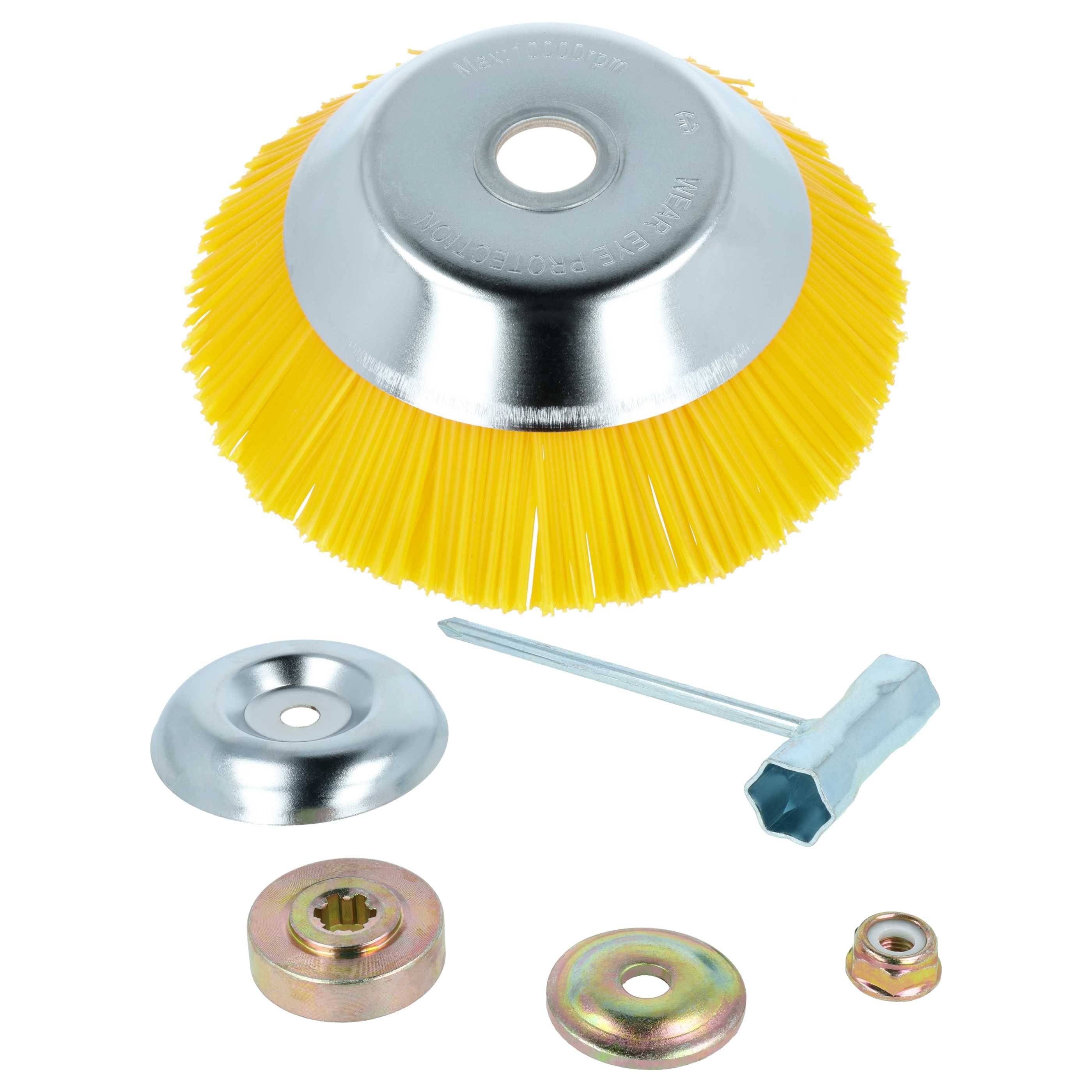 Ein gelbes Bürsten-Rad mit Metallmontage-Set, ein Schraubenschlüssel sowie verschiedene Unterlegscheiben und Muttern, verwendet für industrielle Reinigungs- oder Polieraufgaben.