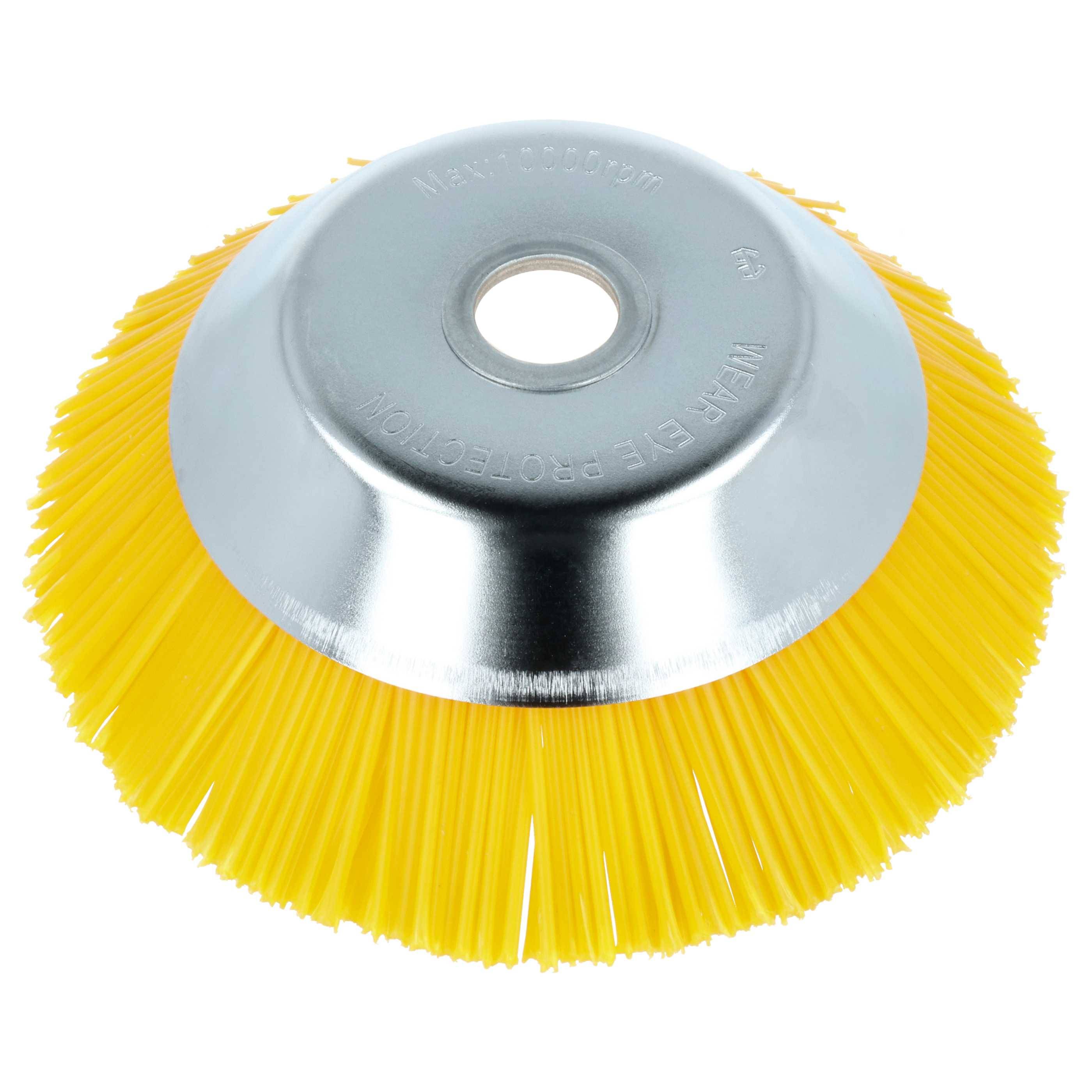 Eine gelbe Plastikbüste mit einer metallischen Kreisscheibe in der Mitte, die zum Reinigen oder Schruppen von Oberflächen verwendet wird.