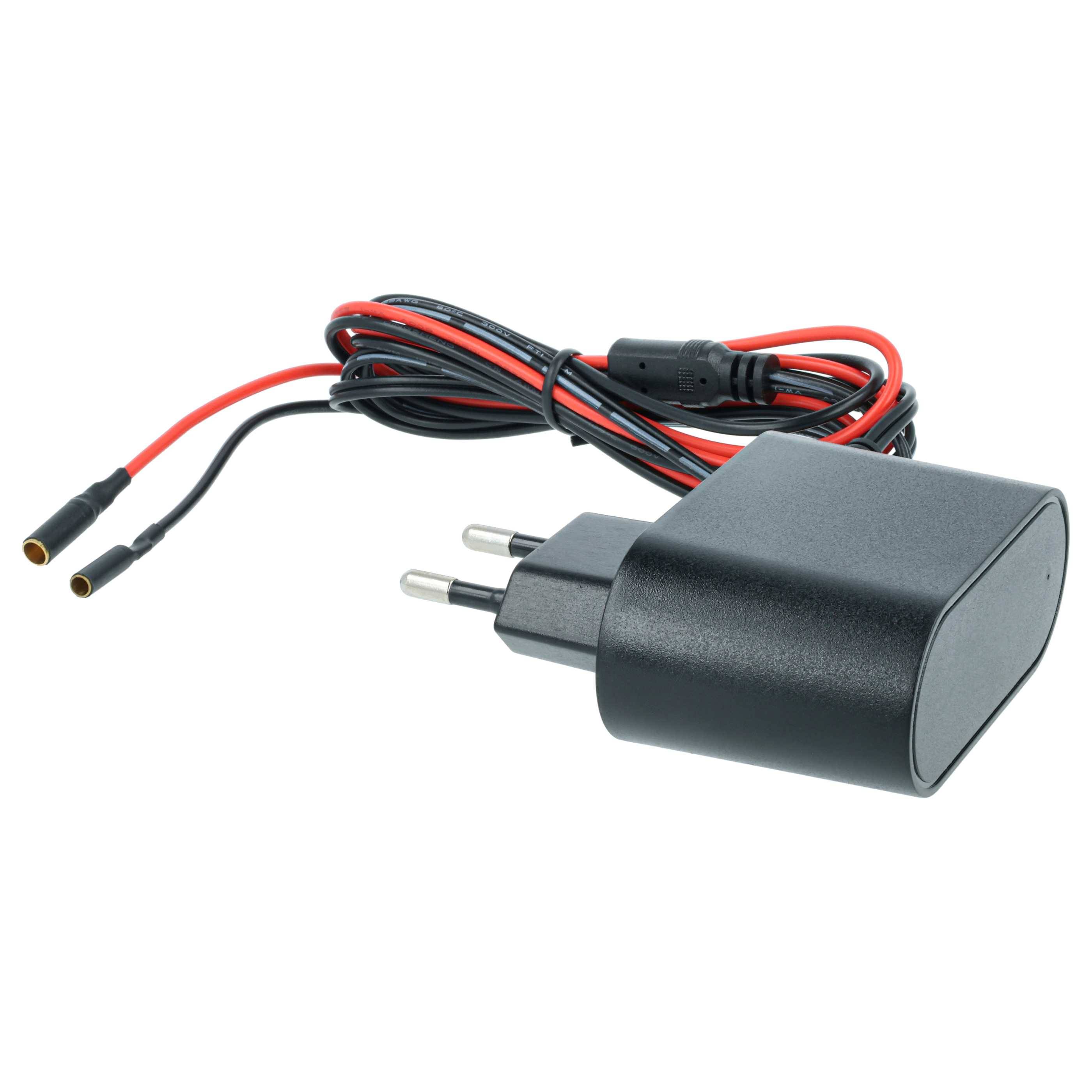 Ein schwarzes Netzteil mit zweipinnigem europäischem Stecker, verbunden mit roten und schwarzen Kabeln mit offenen Enden, auf einem weißen Hintergrund liegend.