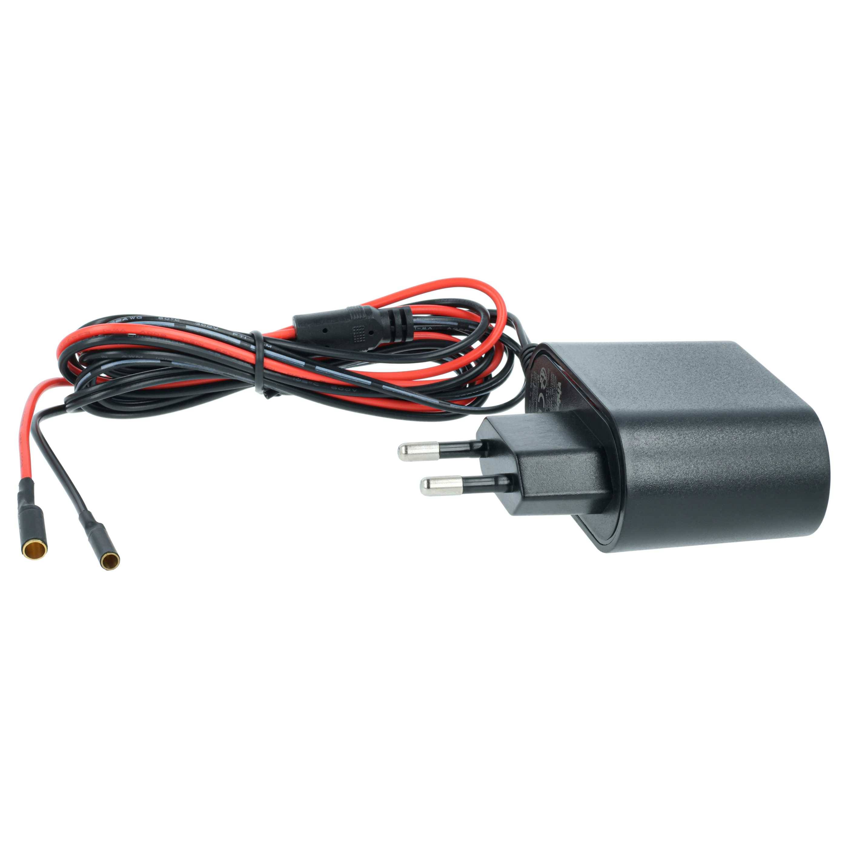 Ein schwarzes Netzteil mit europäischem Stecker und rot-schwarzen Kabeln, die in Metallsteckverbinder enden, für elektronische Geräte.