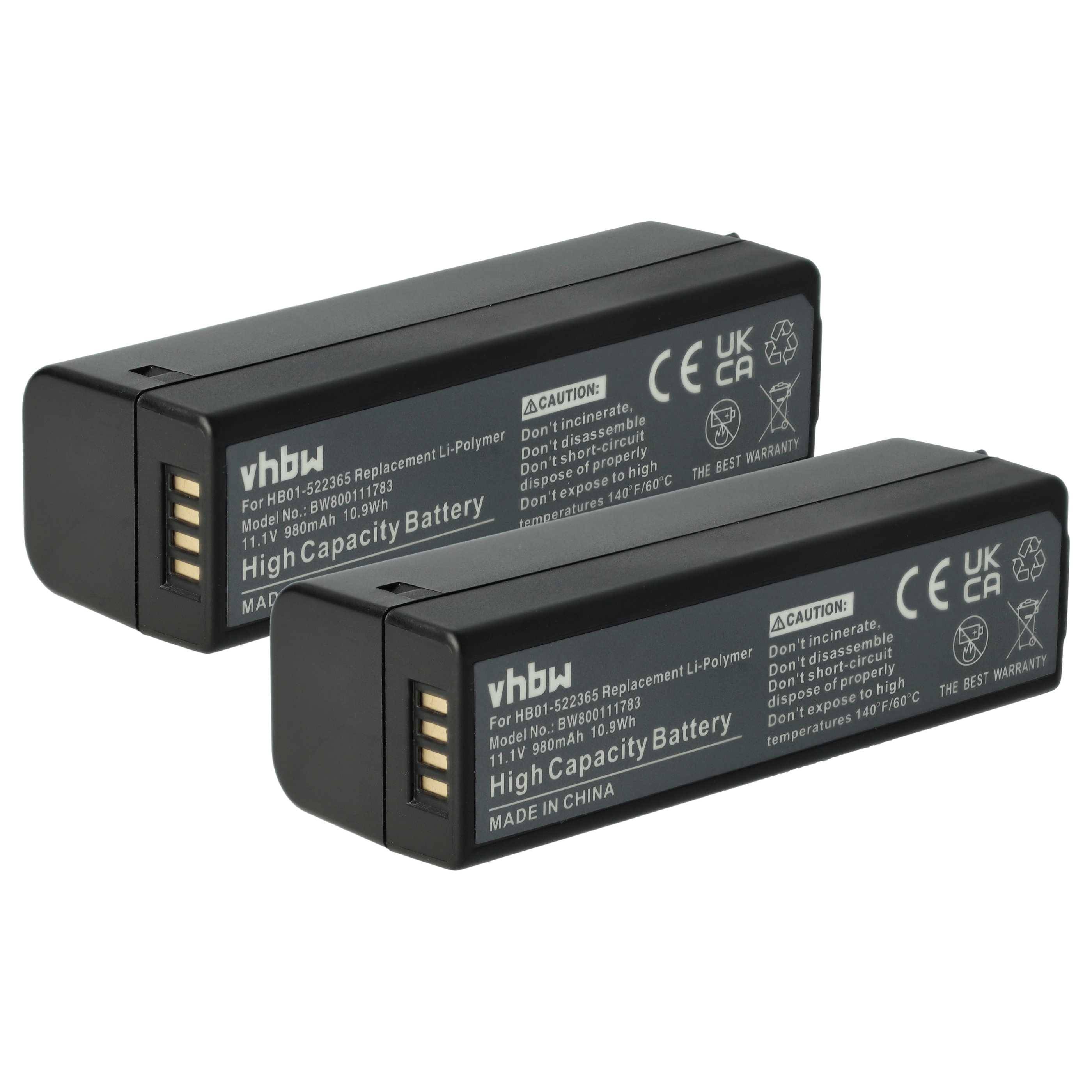 Zwei schwarze Hochleistungs-Ersatz-Li-Polymer-Akkus mit der Bezeichnung 'vhbw', 11,1V, 850mAh. Enthält Vorsichtshinweise und Herstellungsursprung (China).