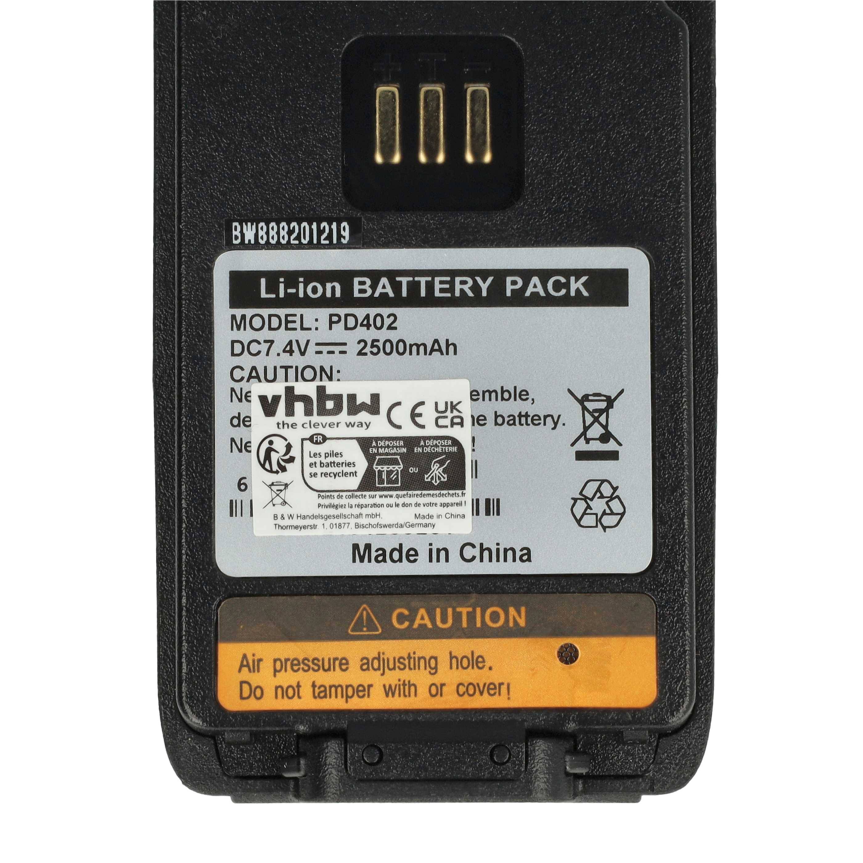 Schwarzer Lithium-Ionen-Akkupack mit Beschriftung 'Li-Ion-Akkupack'. Modell: PD402, Gleichstrom 7,4V, 2500mAh. Warnhinweise und Recycling-Symbole vorhanden.