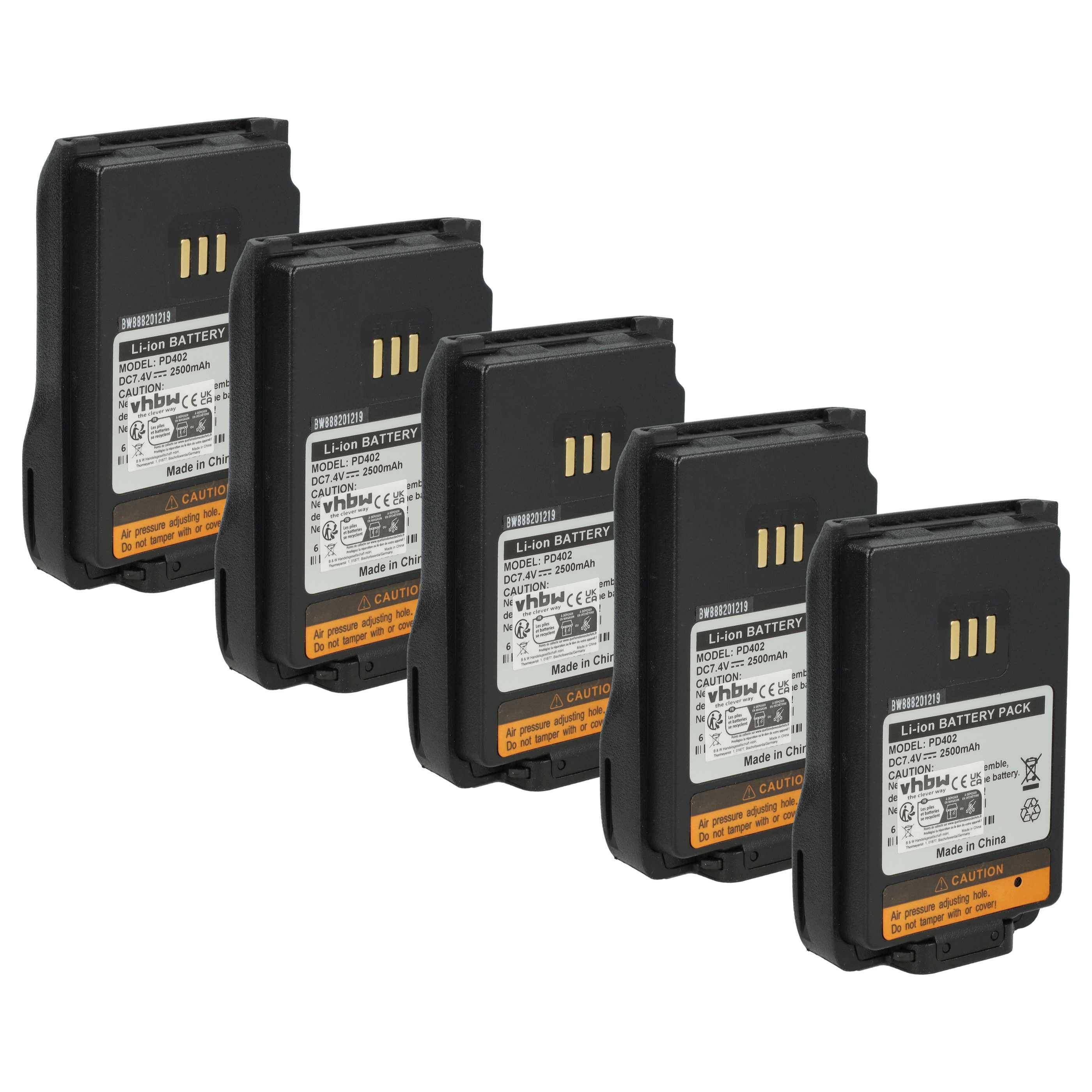 vhbw 5x Akku kompatibel mit Hytera PD602G, PD602, PD606, PD605, PD5-Serie, PD600 UL913 Funkgerät, Walkie Talkie (2500 mAh, 7,2 V, Li-Ion)