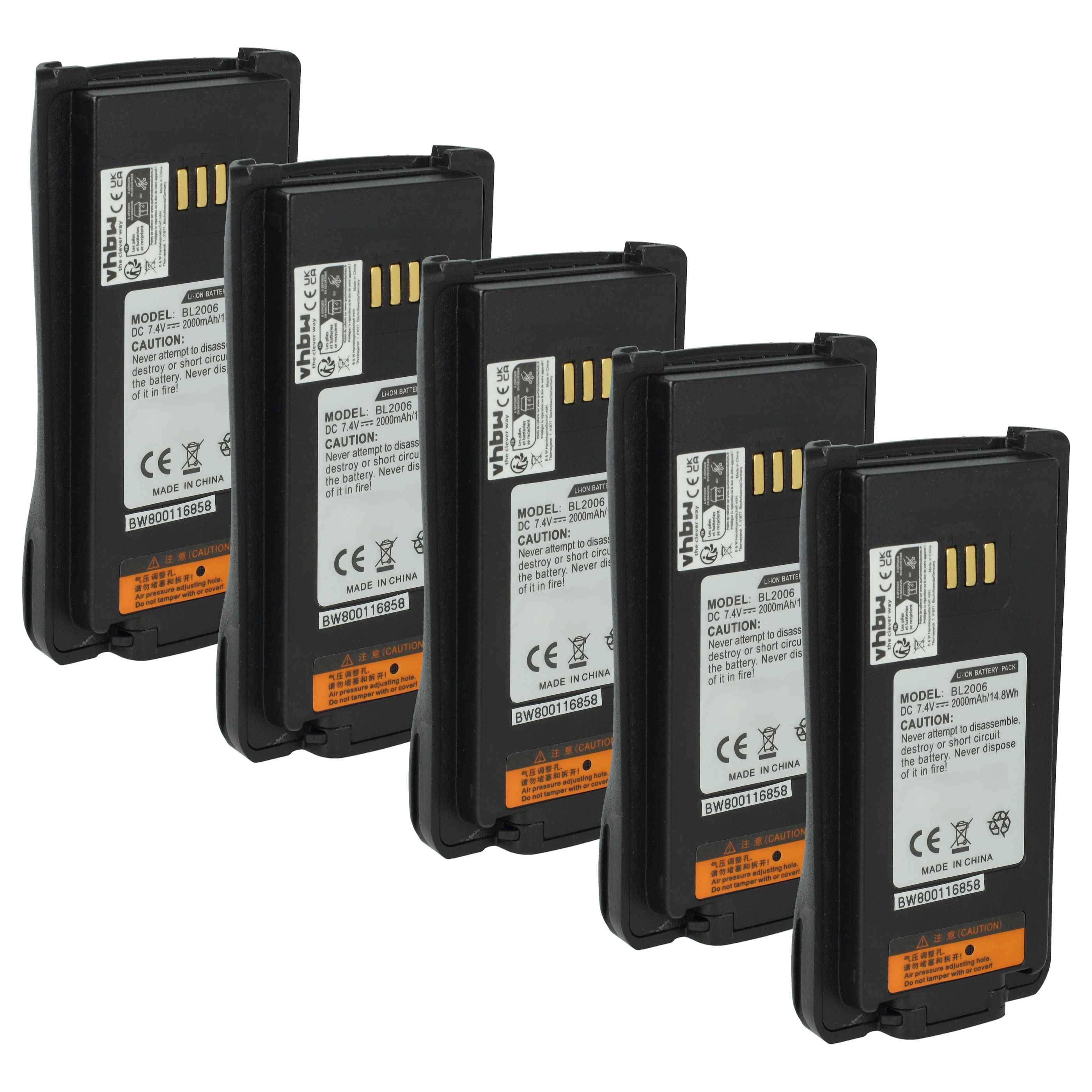 vhbw 5x Akku kompatibel mit Harris HDP150, HDP100 Funkgerät, Walkie Talkie (2000 mAh, 7,4 V, Li-Ion)