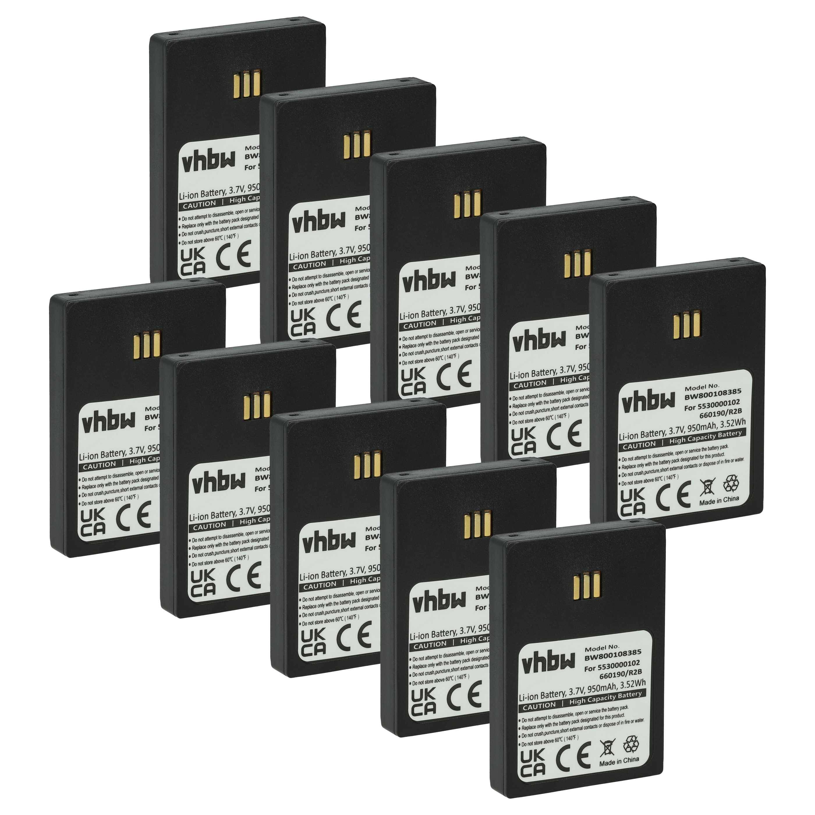 Zehn schwarze rechteckige Batteriepacks mit nach vorne gerichteten Etiketten, in zwei Reihen gestapelt. Jedes Etikett trägt die Aufschrift 