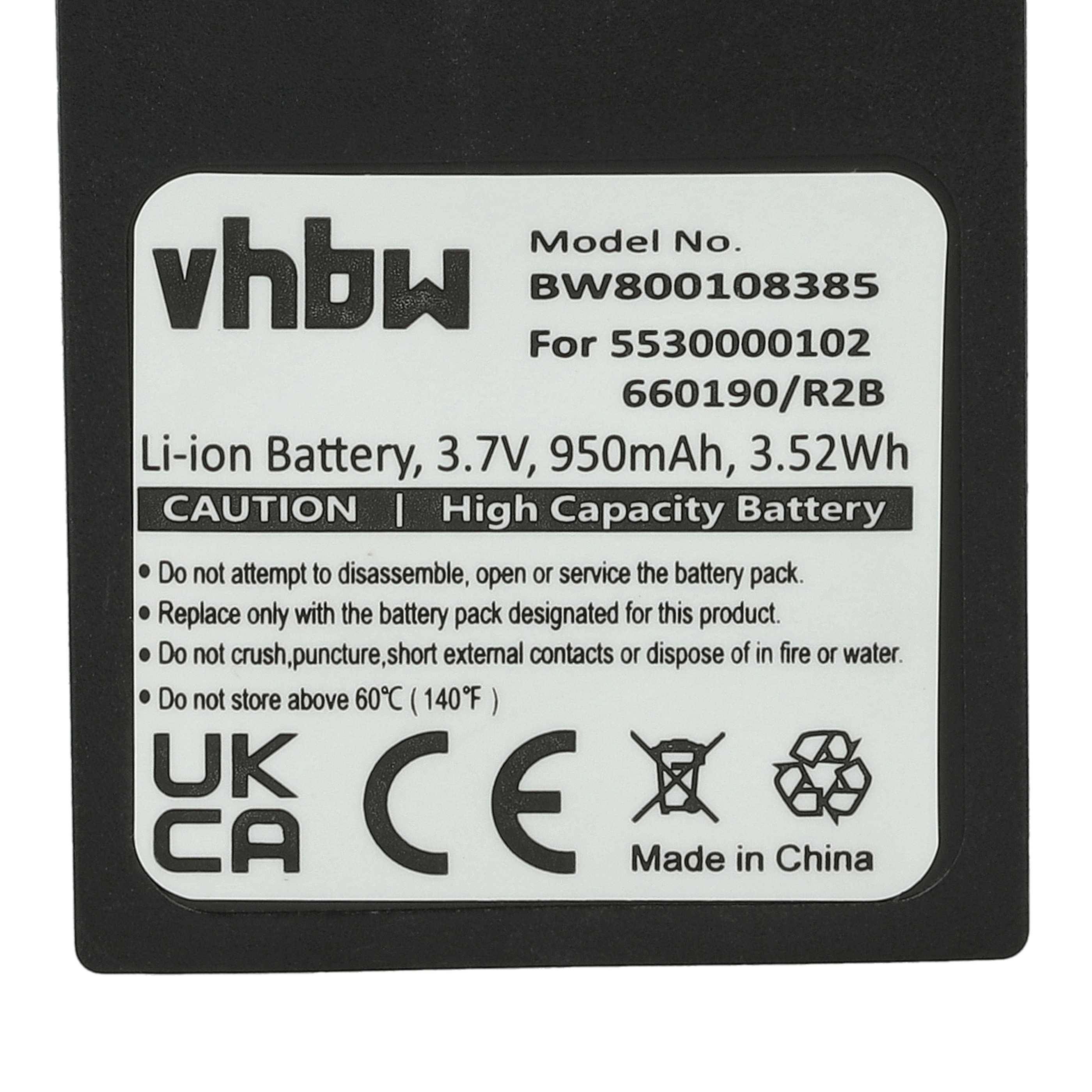 Batterie mit Bezeichnung 'vhbw', Modell BW80010838S, 3,7V, 950mAh, 3,52Wh. Warnhinweise: Nicht zerdrücken, durchstechen, Kontakt mit Feuer/Wasser vermeiden. Hergestellt in China.