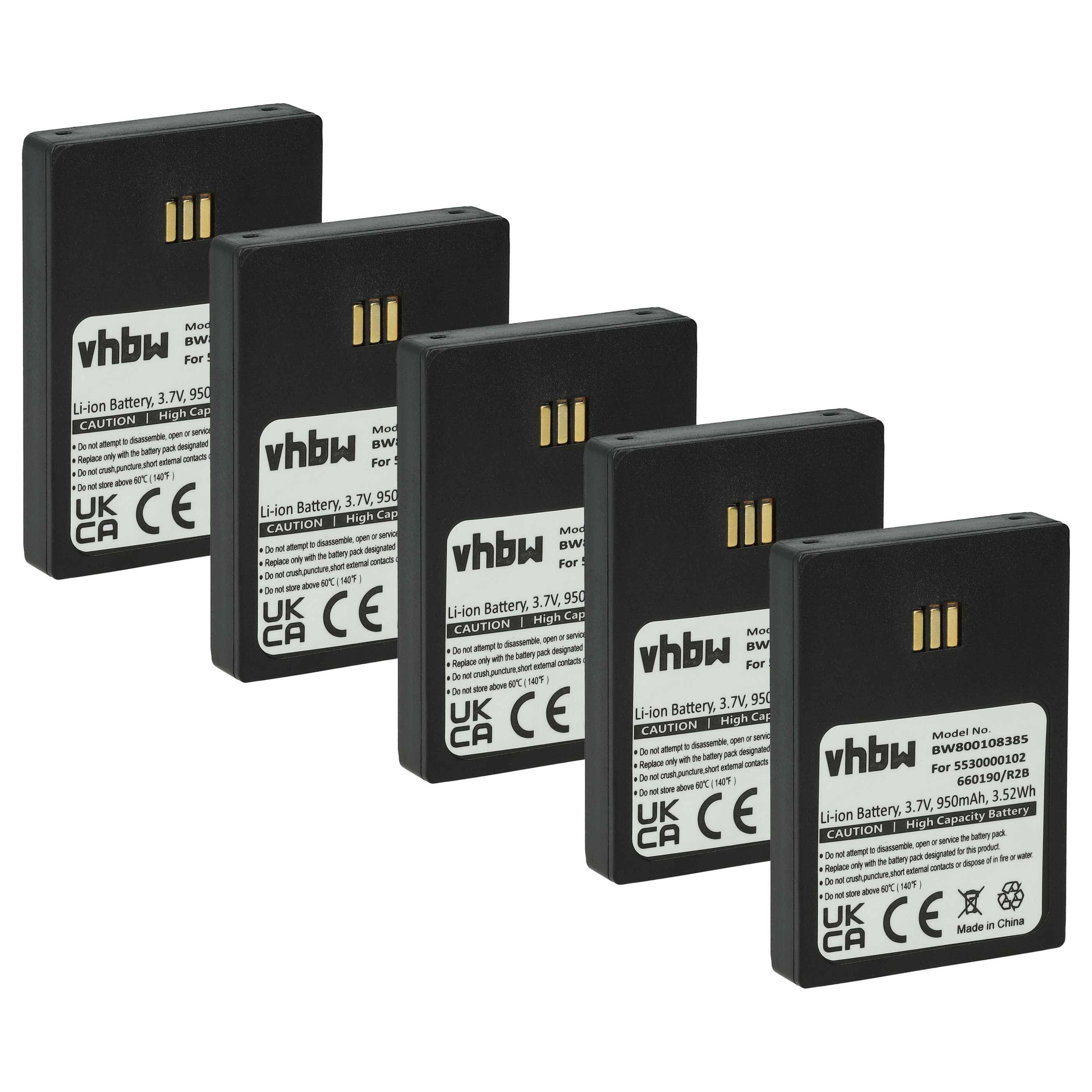 Fünf schwarze Lithium-Ionen-Batterien stehen aufrecht, wobei jede mit Beschriftungen versehen ist, die 'vhbw', 3,7V, 950mAh und Warnhinweise enthalten.