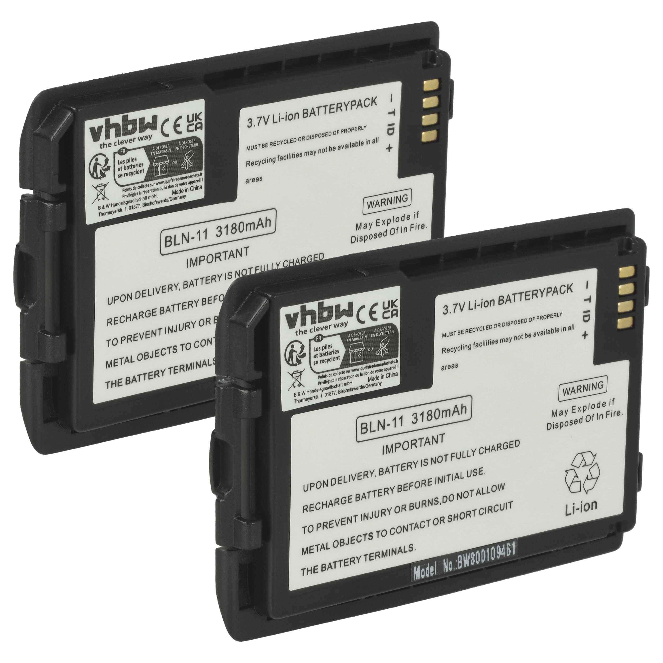 Zwei 3,7V Lithium-Ionen-Akkupacks der Marke 'VHBW', jeweils mit einer Kapazität von 3180 mAh. Warnhinweise enthalten Lade- und Handhabungsanweisungen.