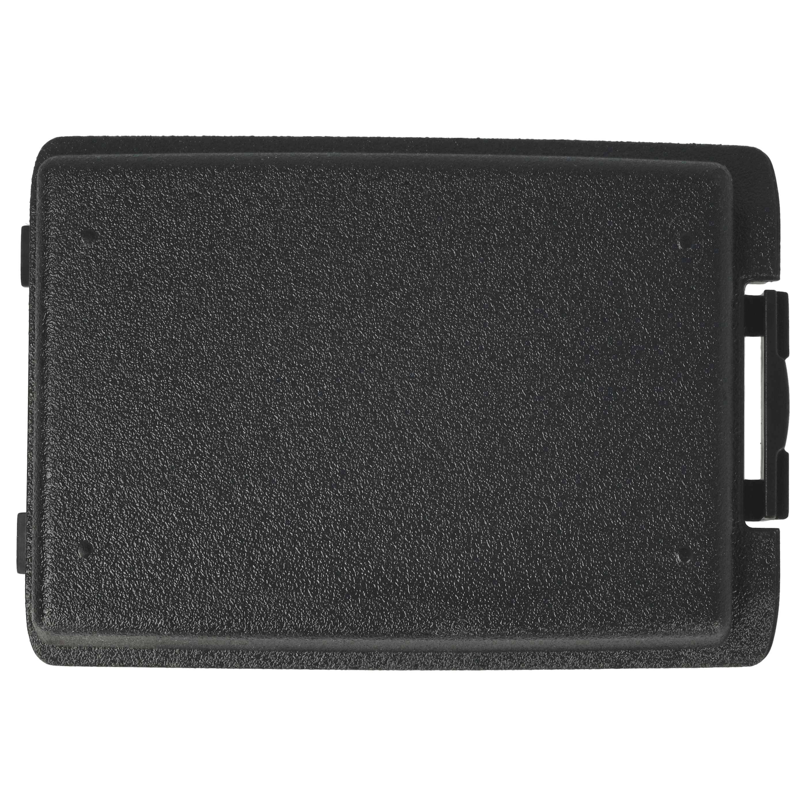 Eine schwarze, strukturierte rechteckige Hülle mit einem Verschluss auf der rechten Seite, von oben betrachtet.