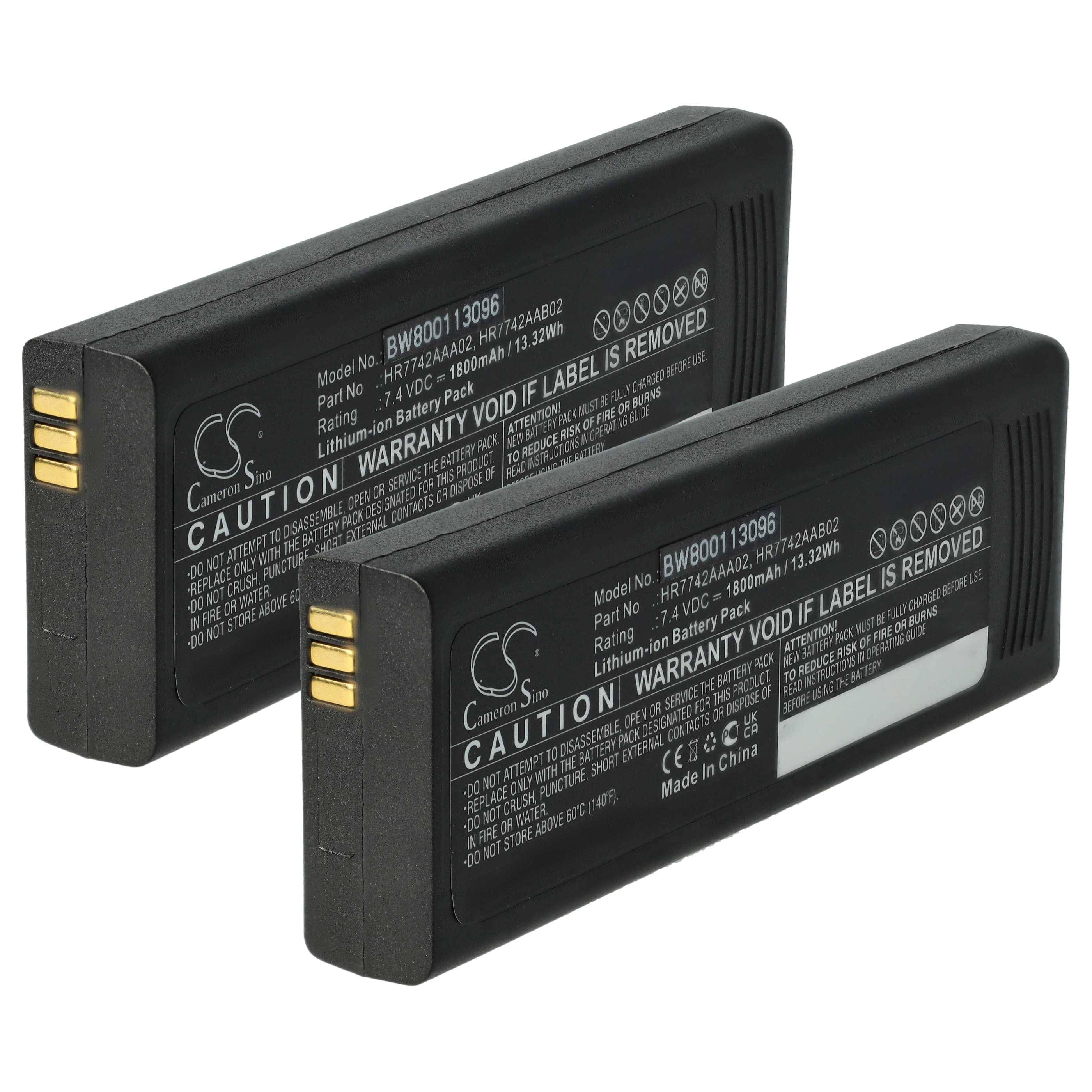 Zwei schwarze wiederaufladbare Batterien mit einer Warnungsaufkleber und goldenen Anschlüssen, beschriftet mit 