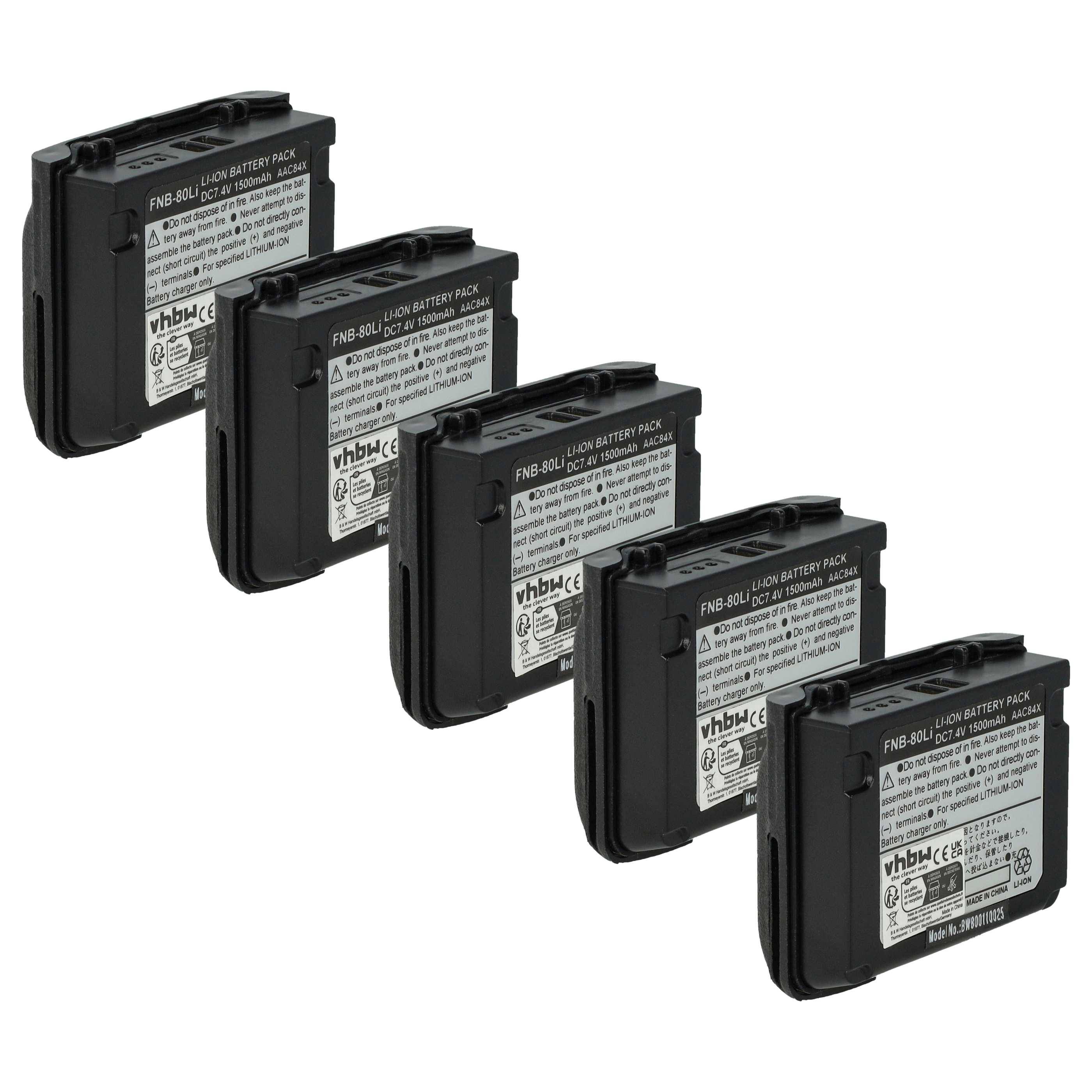 vhbw 5x Akku Ersatz für Vertex Yaesu FNB-V80li, FNB-80Li für Funkgerät, Walkie Talkie (1500 mAh, 7,4 V, Li-Ion)