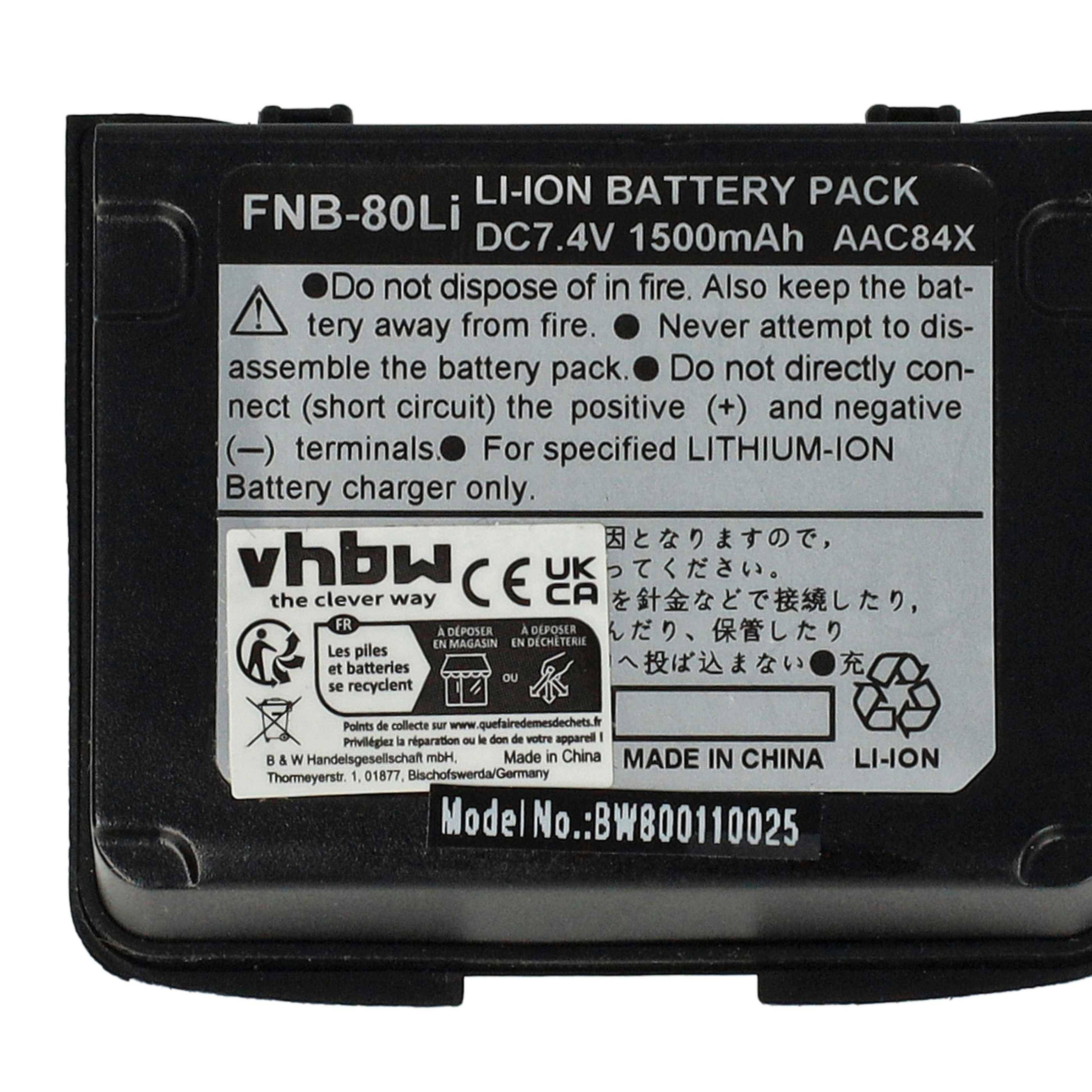 FNB-80Li Lithium-Ionen-Akkupack DC7,4V 1500mAh' mit Sicherheitshinweisen zur sachgemäßen Entsorgung und Handhabung. Hergestellt in China.