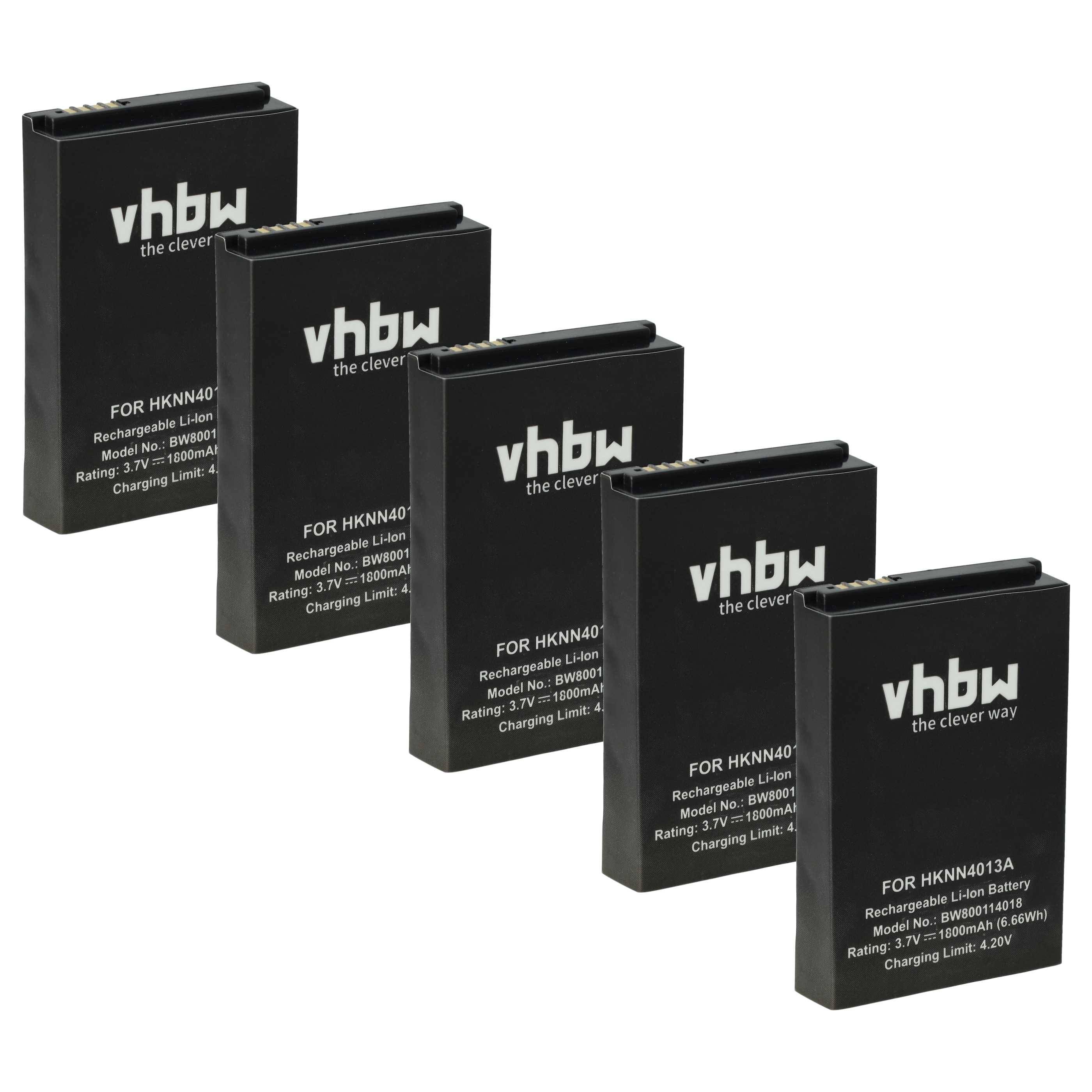 Fünf vhbw Lithium-Ionen-Akkus, beschriftet mit 'HHKN4013A', 3,7V, 1500mAh. Die Batterien sind schwarz mit weißer Beschriftung.