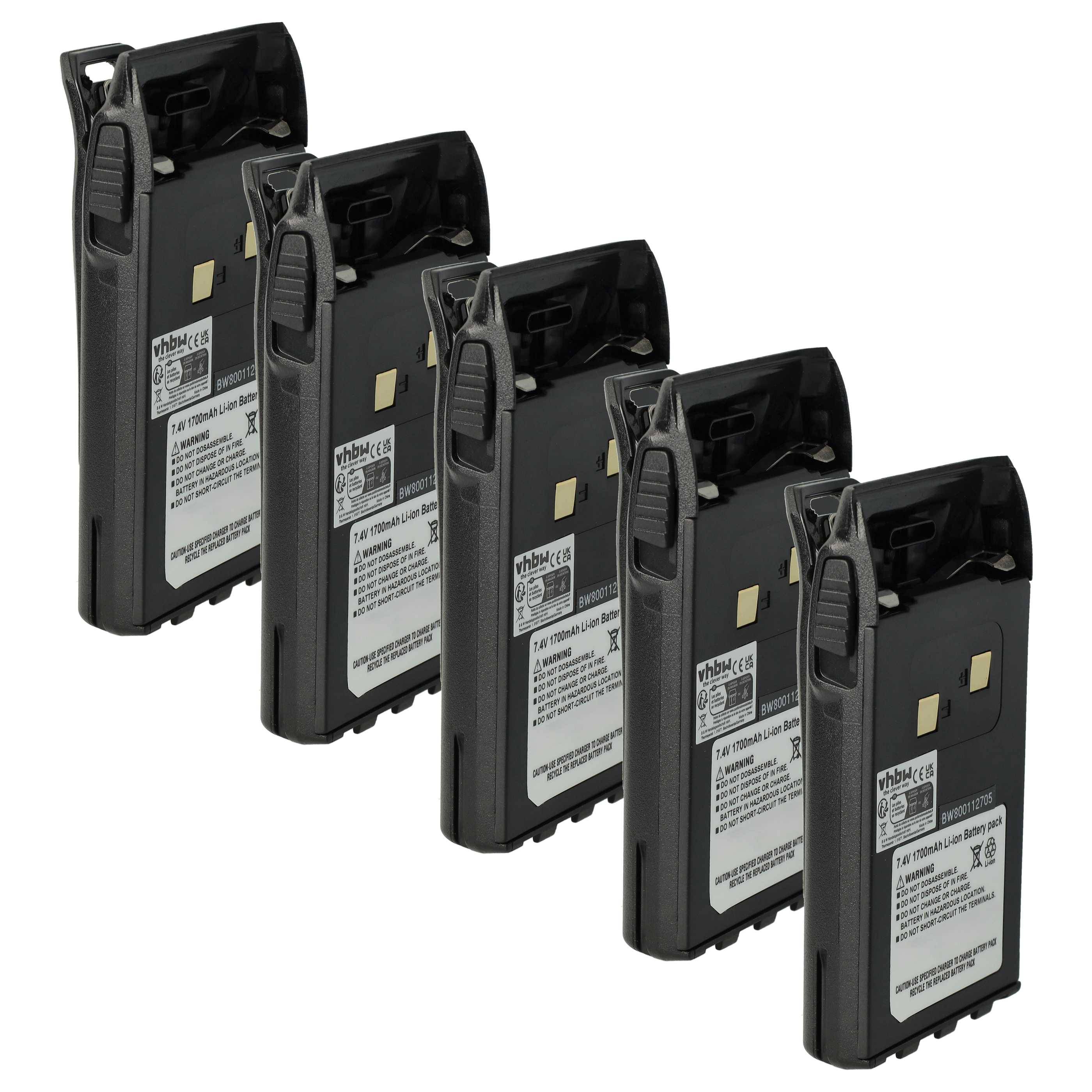 vhbw 5x Akku kompatibel mit Team TeCom DualBand Funkgerät, Walkie Talkie (1700 mAh, 7,4 V, Li-Ion) + Gürtelclip