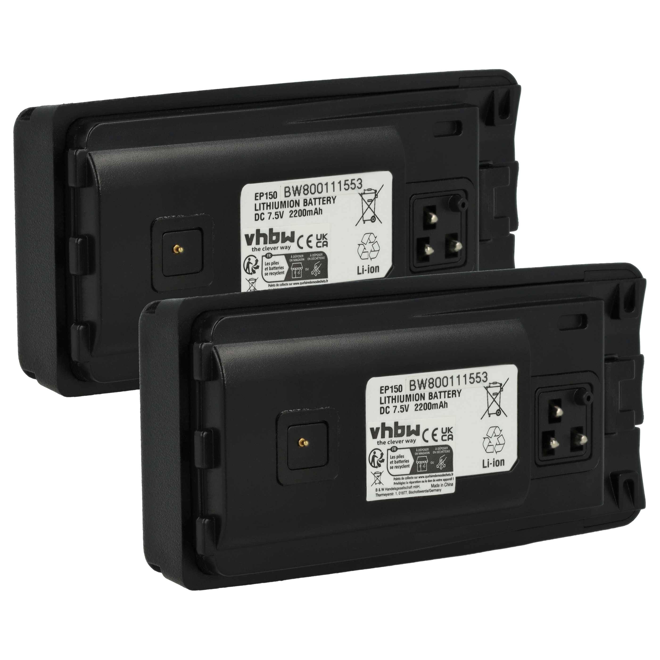 Zwei schwarze Lithium-Ionen-Akkus, jeweils mit der Beschriftung 'BW800111553', 7,5V, 2200mAh, schräg zum Betrachter ausgerichtet, wobei Anschlüsse und Beschriftungen sichtbar sind.