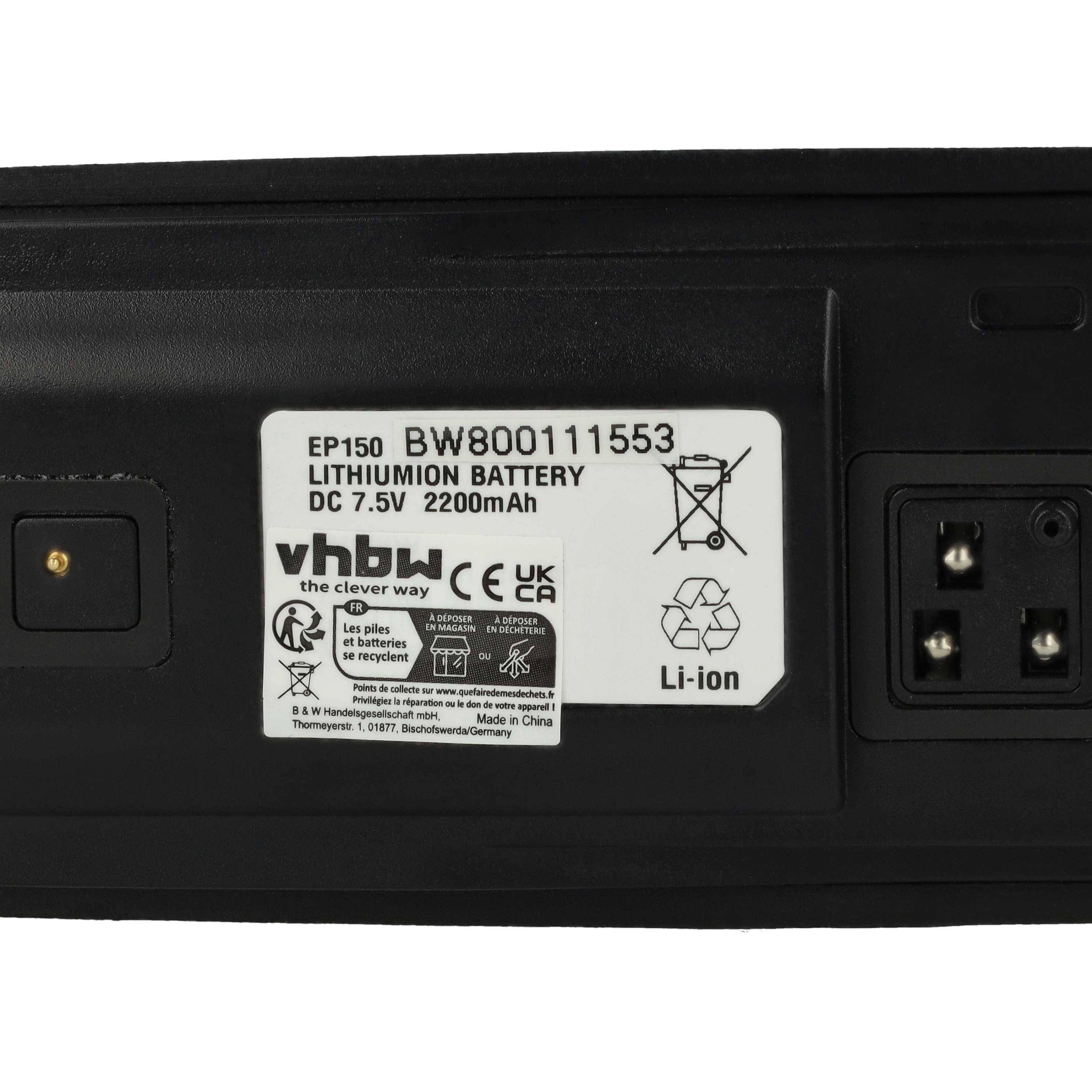 VHBW Lithium-Ionen-Akku, EP150 BW80011553, 7,5V, 2200mAh. CE-Zeichen und Recyclinghinweise sichtbar. Hergestellt in China.