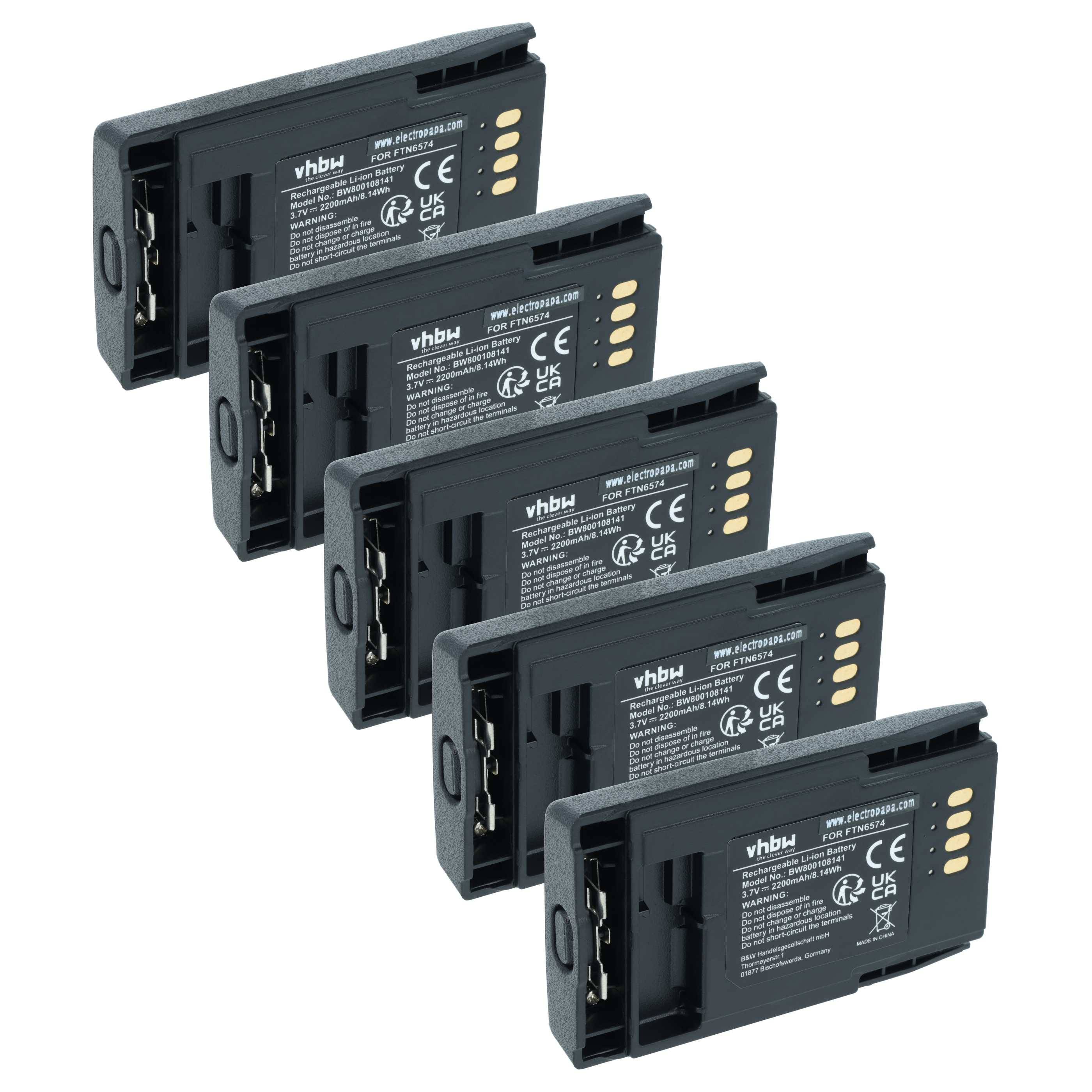 vhbw 5x Akku kompatibel mit Motorola MTP850S, MTP800, CEP400, PTX850, MTP850 Zeon Funkgerät, Walkie Talkie (2200 mAh, 3,7 V, Li-Ion)