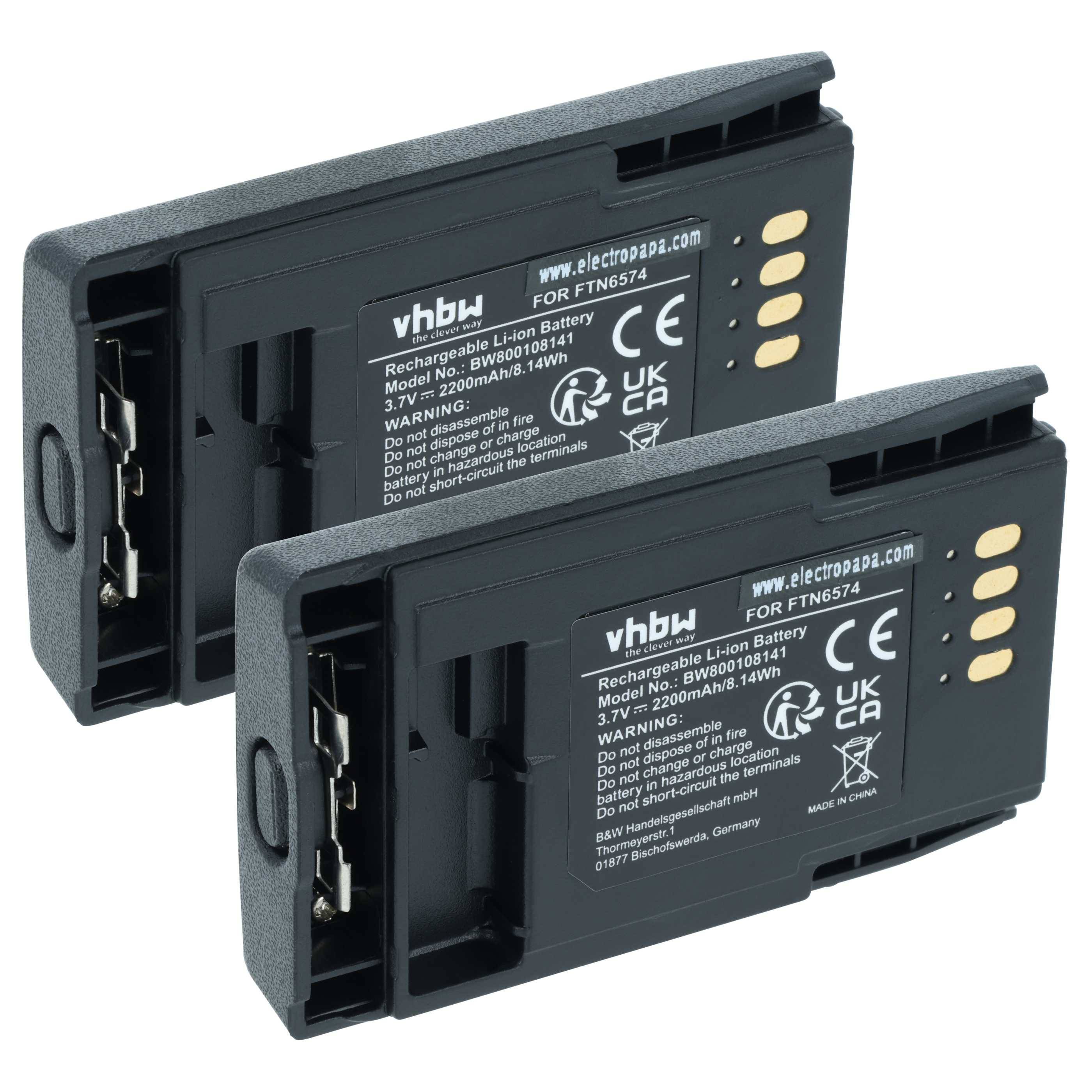 vhbw 2x Akku Ersatz für Motorola PMNN4351A, PMNN4351B, PMNN6074 für Funkgerät, Walkie Talkie (2200 mAh, 3,7 V, Li-Ion)