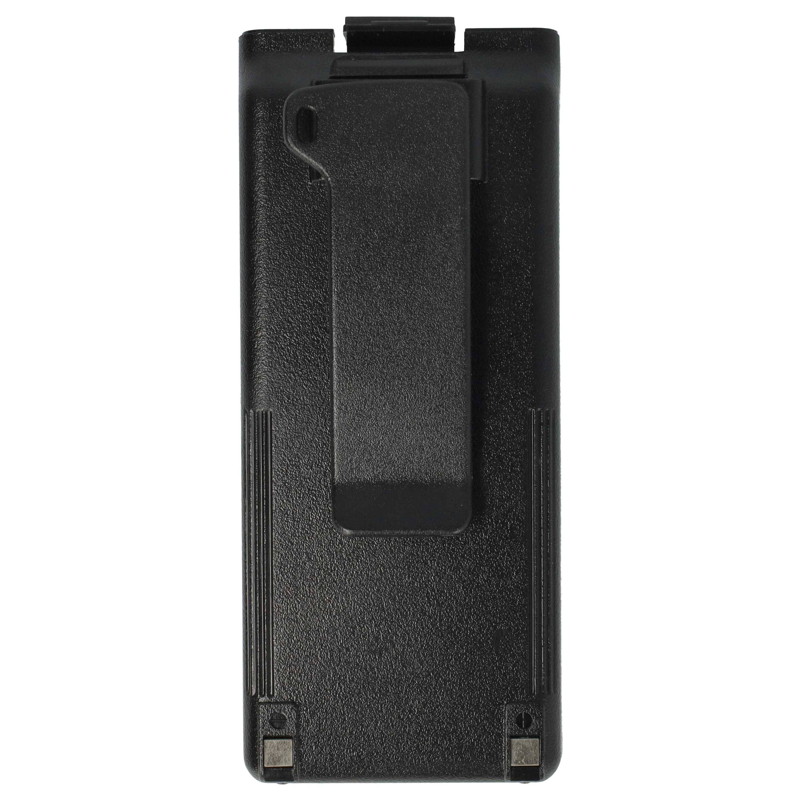 Eine schwarze, rechteckige Kunststoff-Batterieabdeckung mit einer Gürtelklammer, die üblicherweise für tragbare elektronische Geräte verwendet wird.