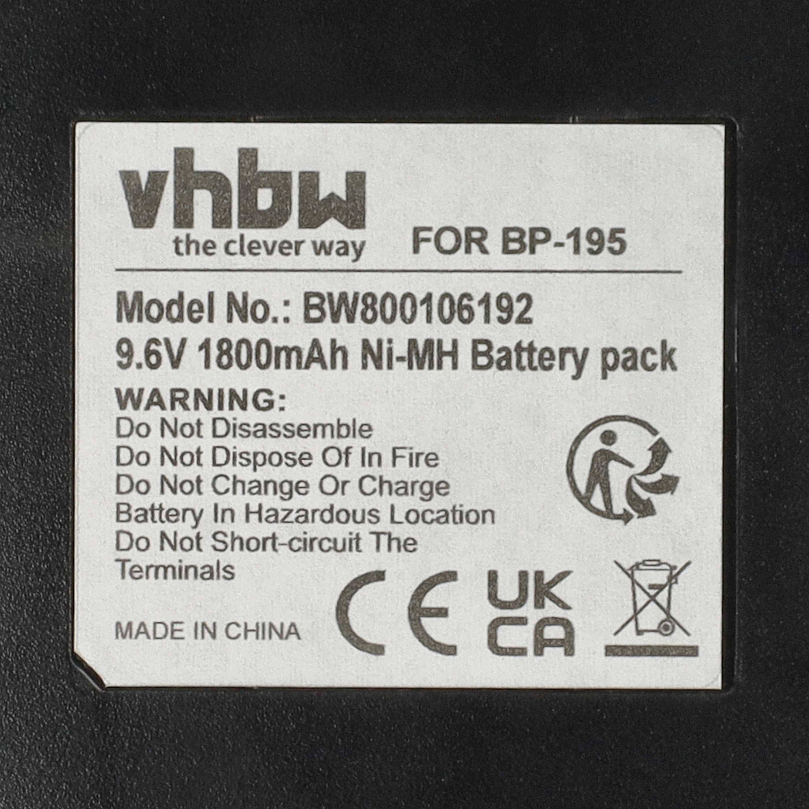 Ein weißes Etikett auf einer schwarzen Batterie mit der Modellnummer BW800106192, 9,6V 1800mAh Ni-MH, mit Warnhinweisen gegen Zerlegen und Feuer.