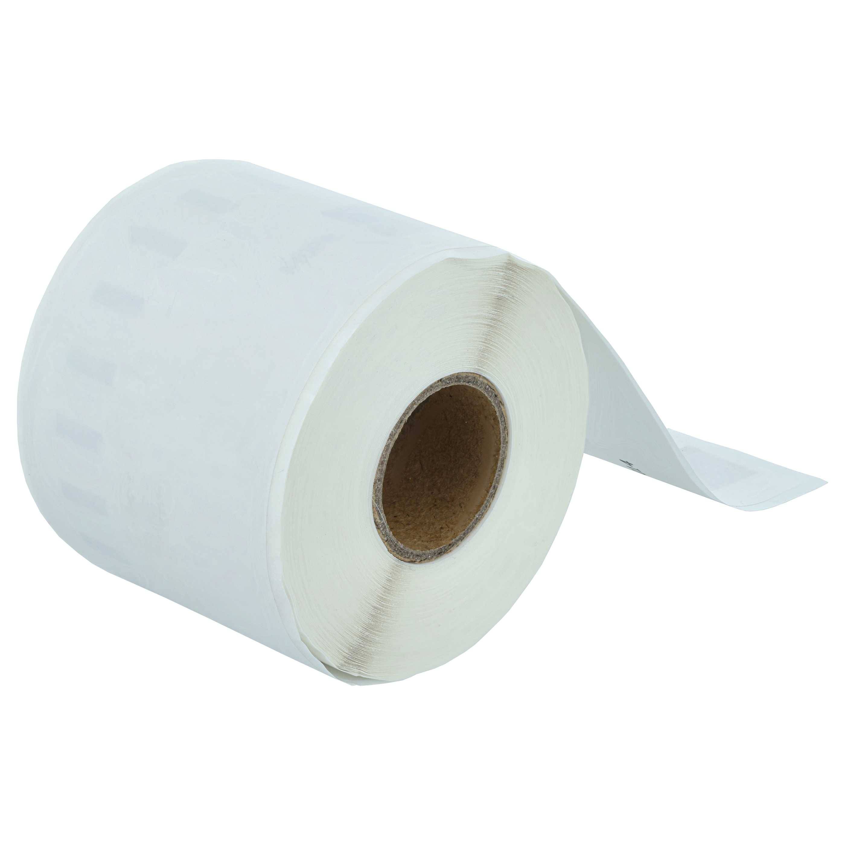 Eine Rolle glatter weißer Klebeetiketten, teilweise abgewickelt, mit einer glatten Oberfläche, die bereit ist zum Bedrucken oder Beschriften.