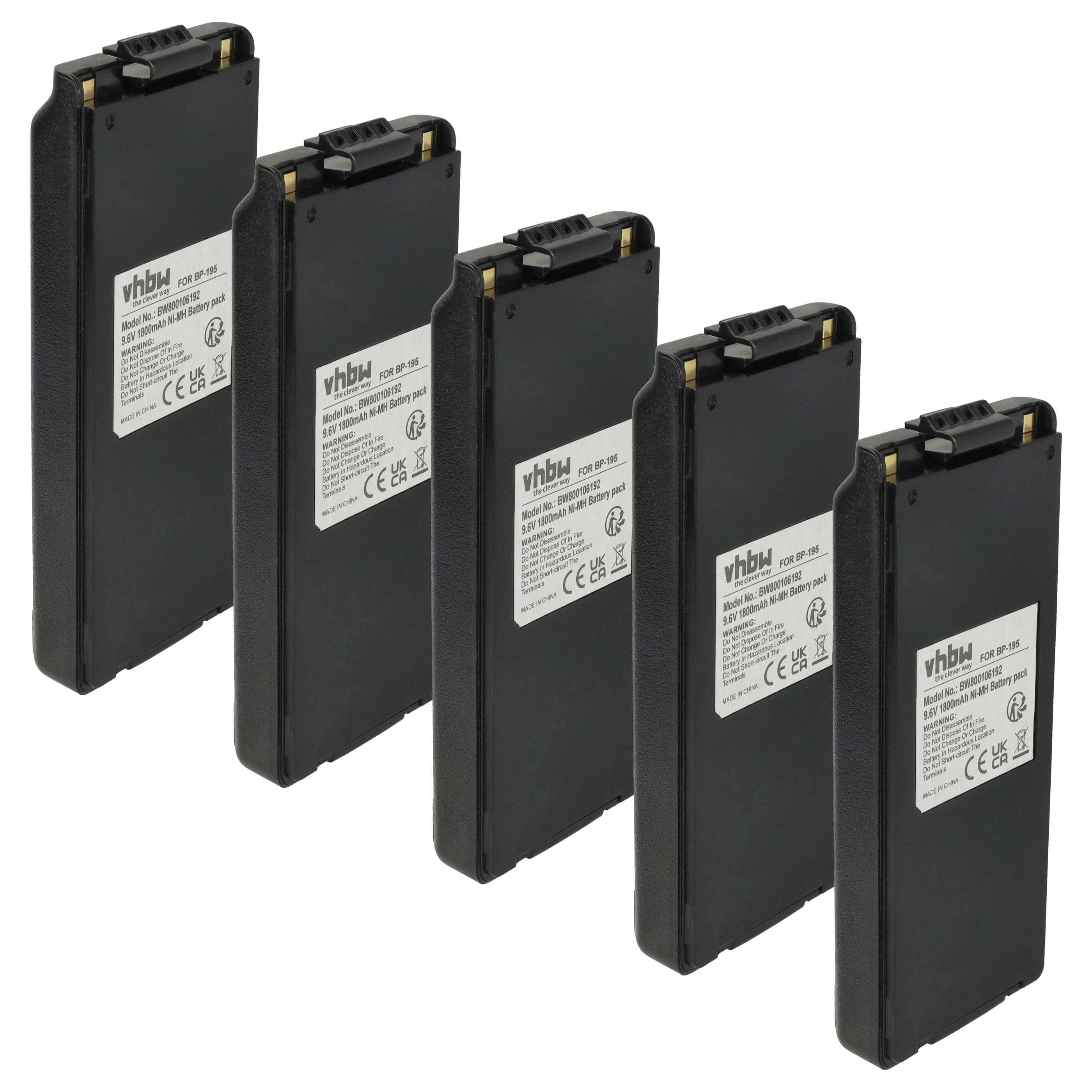 Fünf schwarze vhbw Ersatzbatterien für Kenwood-Funkgeräte, in einer Reihe angeordnet, mit Etiketten versehen, die technische Spezifikationen und Zertifizierungssymbole zeigen.
