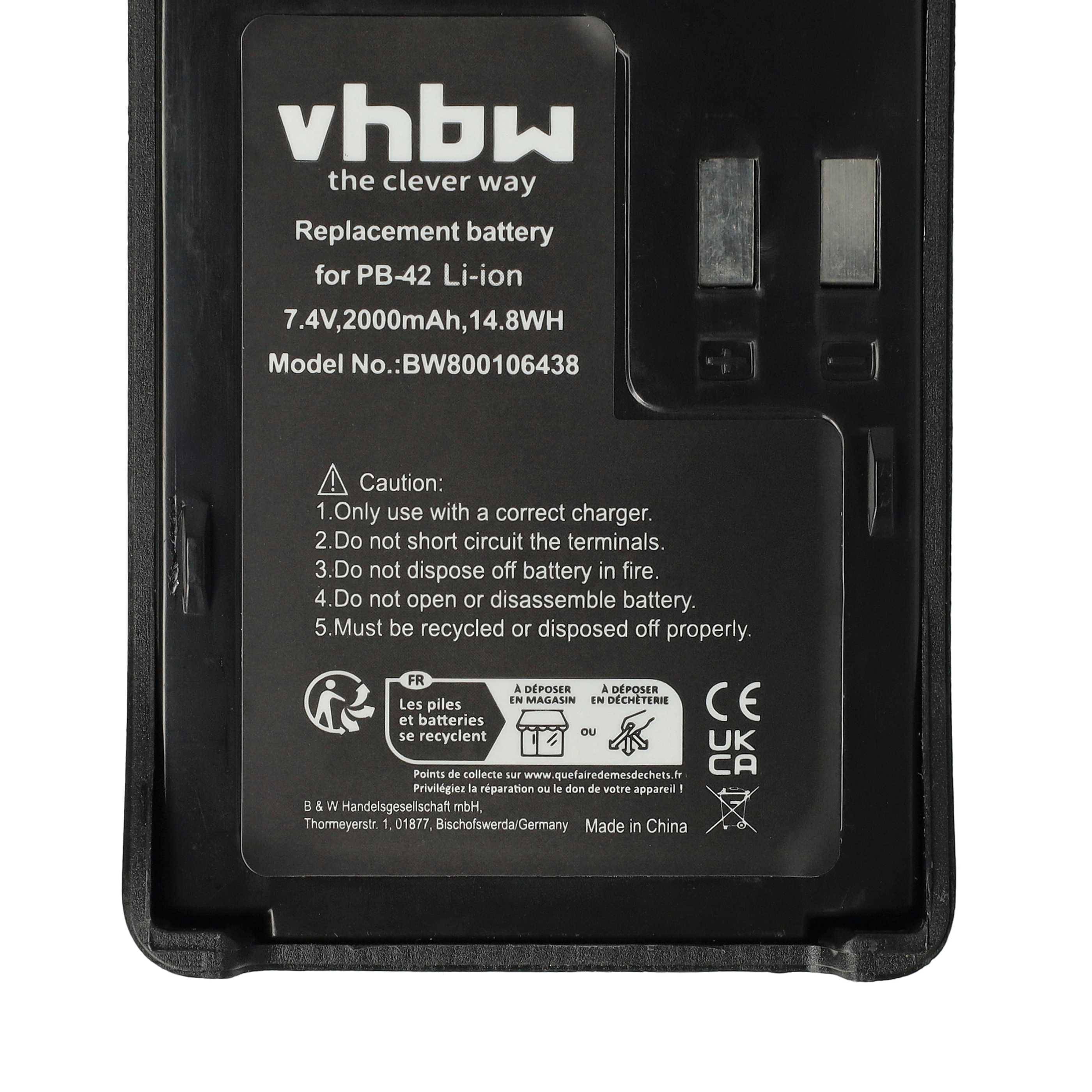 vhbw die clevere Art, Ersatzakku PB-42 Li-Ion, 7,4V, 2000mAh, 14,8Wh, Modell: BW800106438, Warn- und Entsorgungshinweise inklusive.