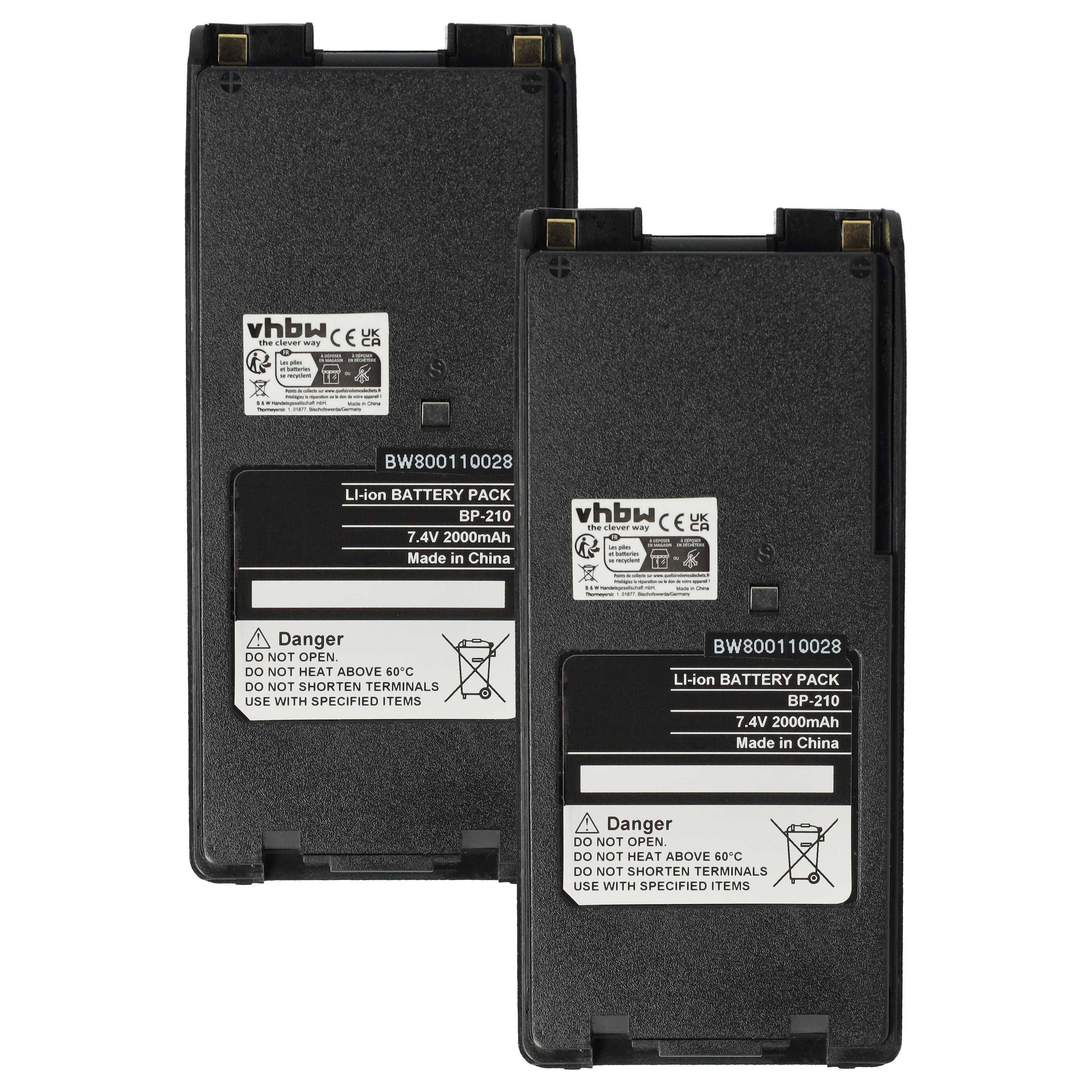 vhbw 2x Akku Ersatz für Icom BP-222N, BP-222, BP-211N, BP-211 für Funkgerät, Walkie Talkie (2000 mAh, 7,4 V, Li-Ion) + Gürtelclip