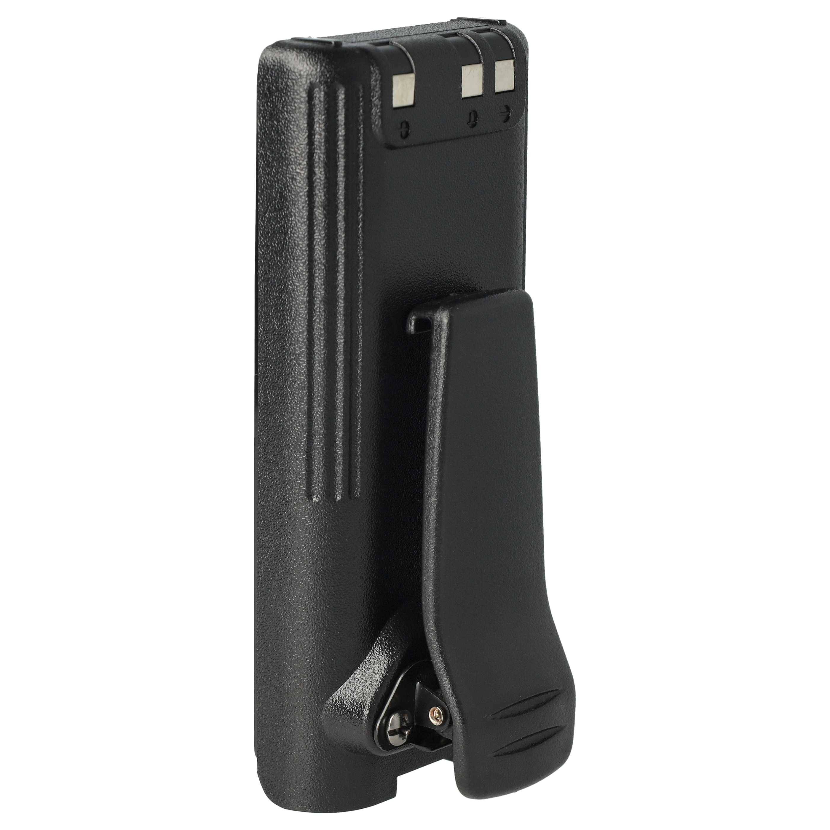 Eine schwarze Handfunkgeräte-Batterieklammer mit strukturierter Griffoberfläche, die entwickelt wurde, um die Batterie sicher am Funkgerät zu befestigen.