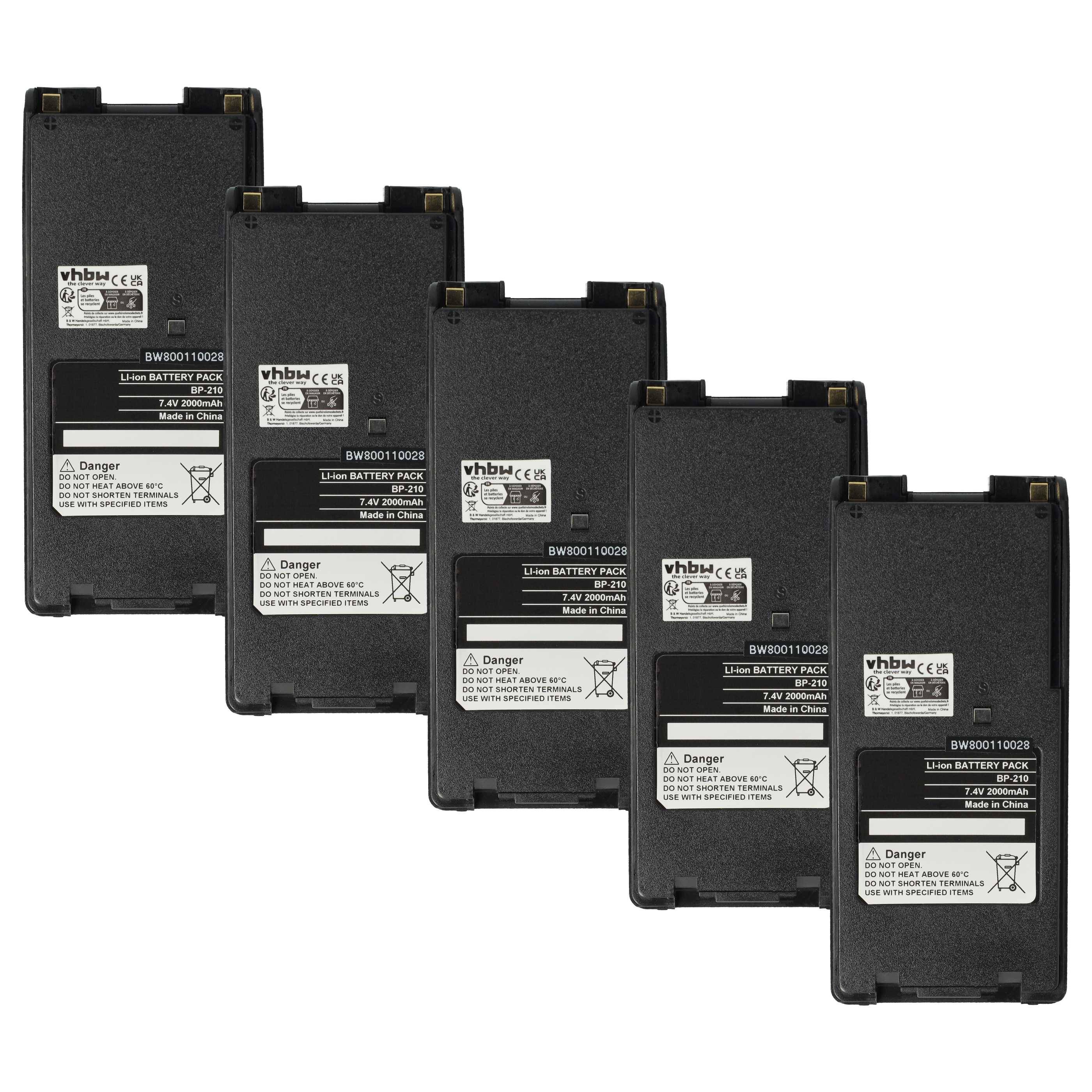 vhbw 5x Akku kompatibel mit Icom IC-F30GS, IC-F22SR, IC-F30FS, IC-F22S Funkgerät, Walkie Talkie (2000 mAh, 7,4 V, Li-Ion) + Gürtelclip