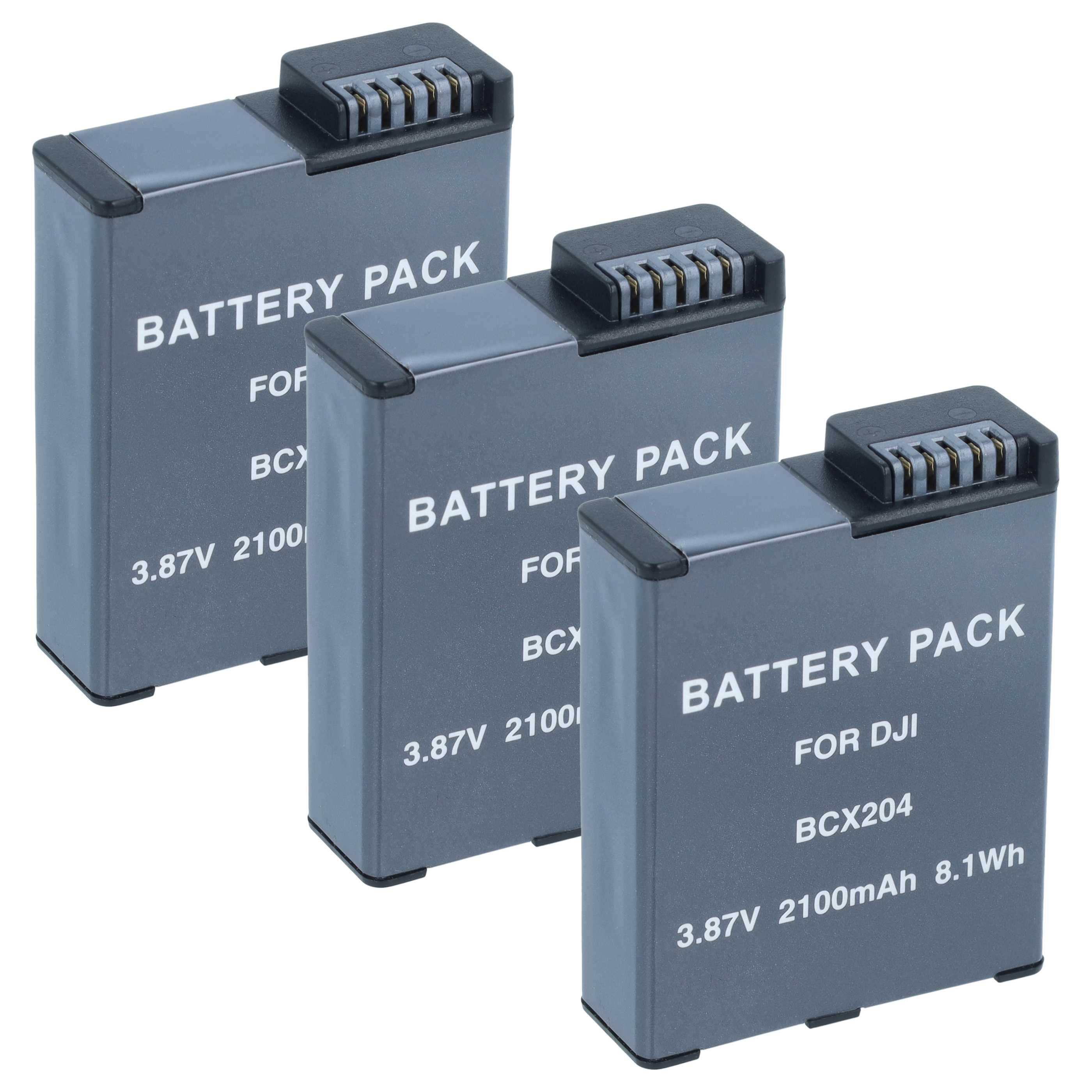 Drei graue DJI-Akkupacks mit den Aufschriften „BATTERY PACK
