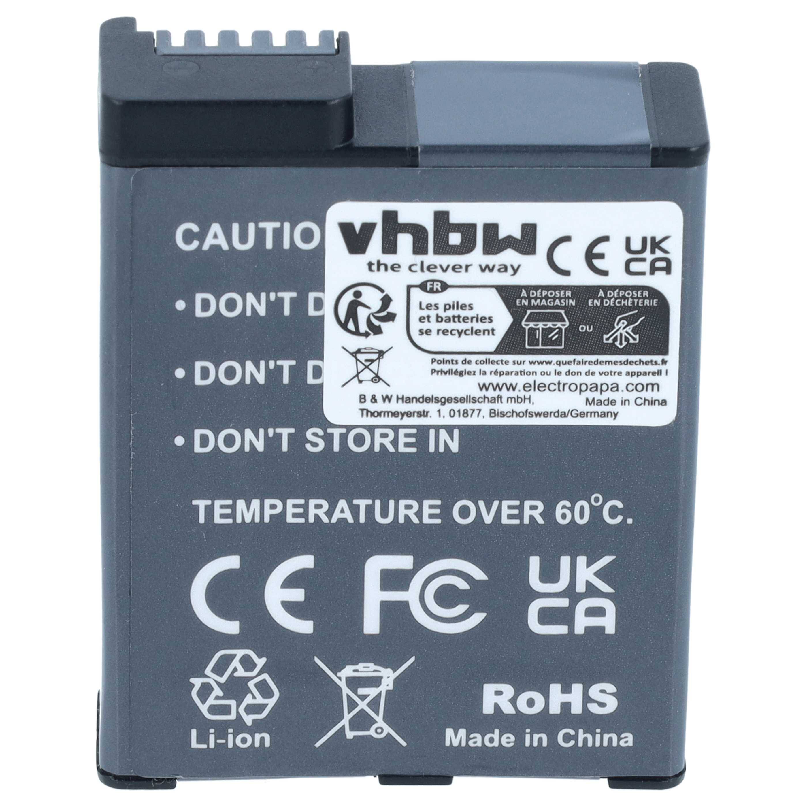 Schwarzes Lithium-Ionen-Akkupack mit Warnhinweisen nicht beschädigen, auseinandernehmen oder über 60°C lagern; CE-, FCC-, UKCA- und RoHS-Kennzeichen.