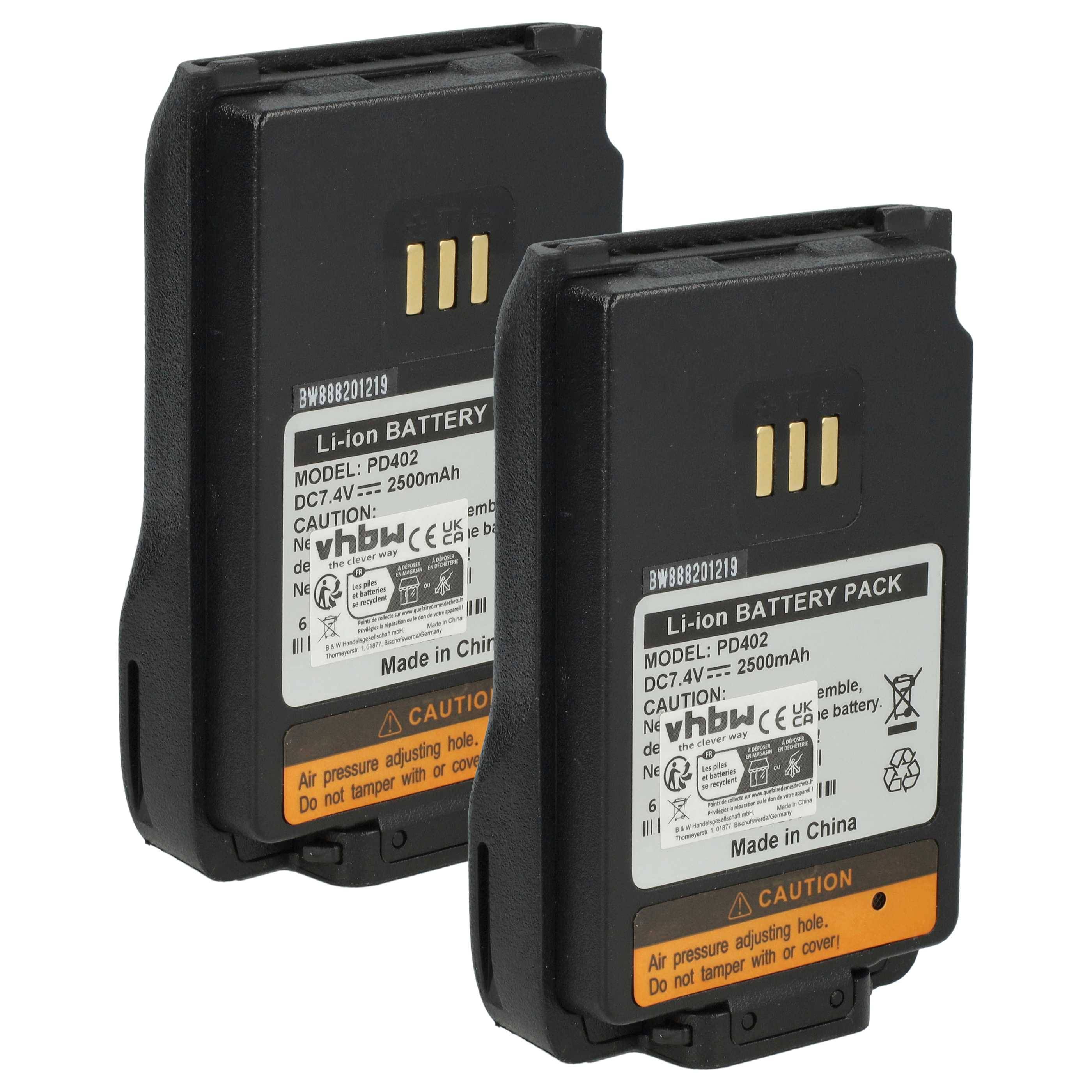 Zwei rechteckige Li-Ion-Akkupacks, gekennzeichnet mit 'vhbw', Modell 'PD402', 7,4V, 2500mAh, hergestellt in China, mit Warnhinweisen.