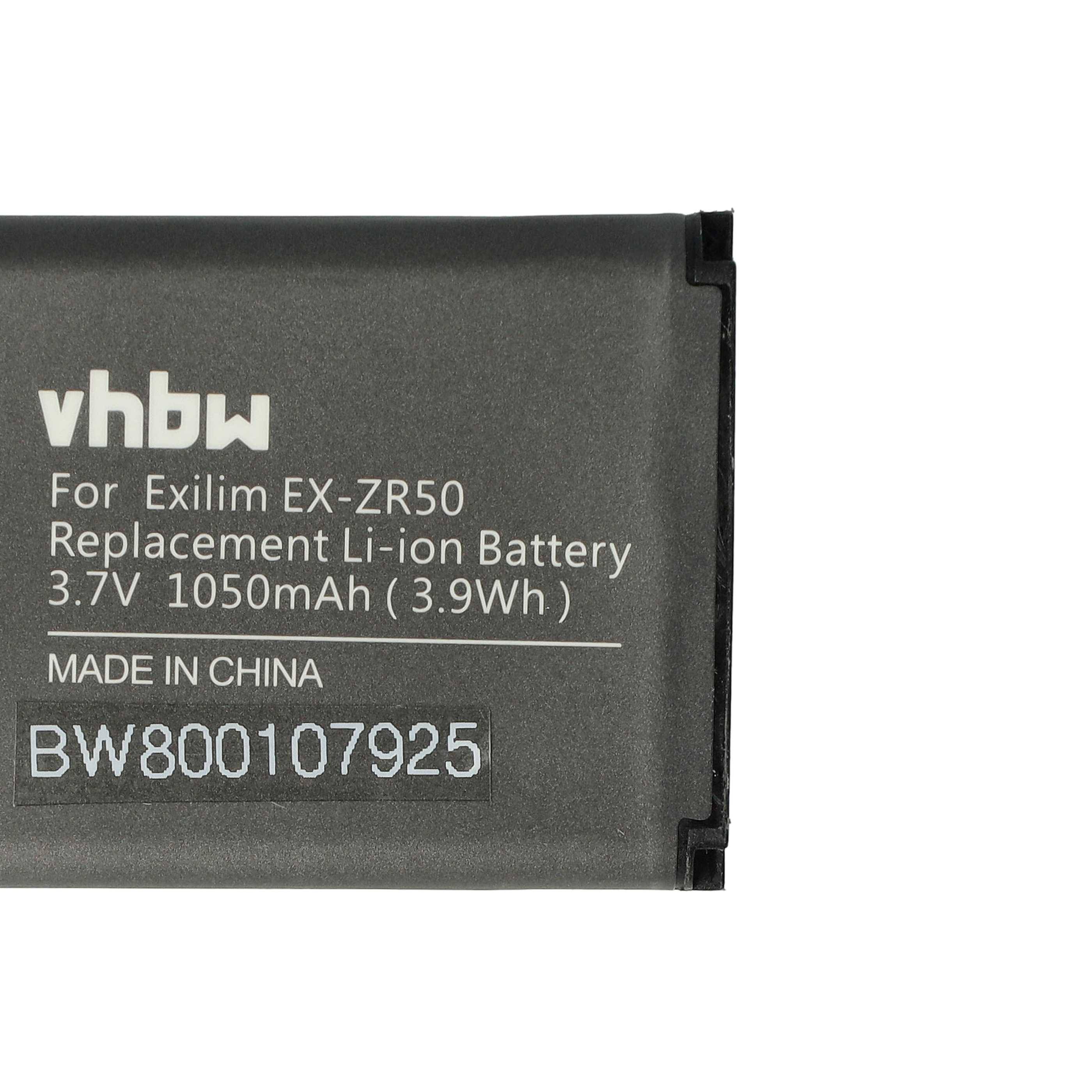 Eine Lithium-Ionen-Batterie mit der Aufschrift 'vhbw Für Exilim EX-ZR50 Ersatzakku Li-ion Batterie 3,7V 1050mAh (3,9Wh) Made in China BW800107925'.
